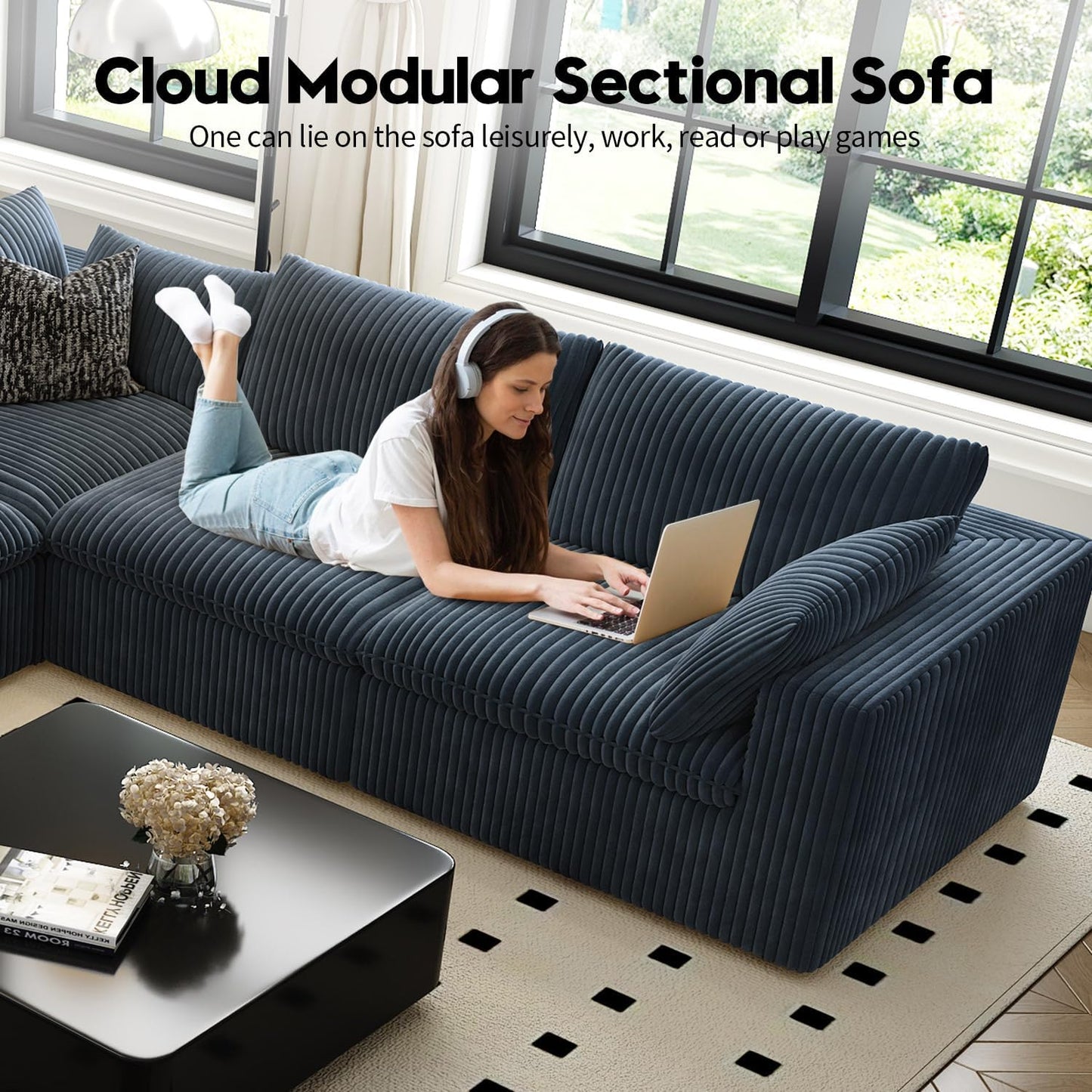 157.5" Cloud Couch Modular Sectional Sofa for Living Room,Modern Sofa with Deep Seat，4 Seater Boneless Couch,Comfy Upholstered Corduroy Couches for Apartment, Studio, Office,Bedroom，Blue