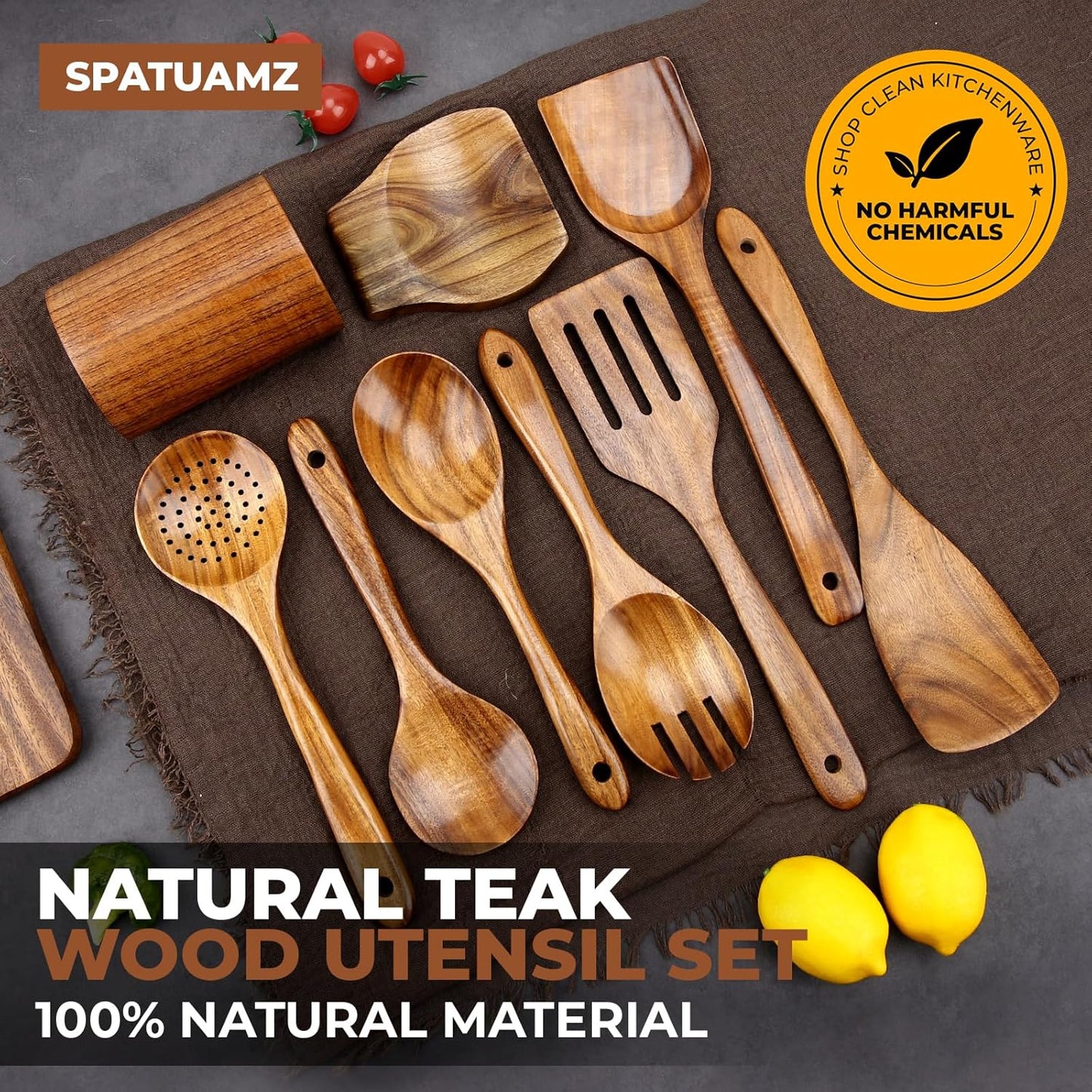 SPATUAMZ Wooden Spoons for Cooking, Teak Wood Kitchen Utensil Set for Nonstick Cookware, Durable Cooking Spatulas Set of 9 with Holder and Spoon Rest