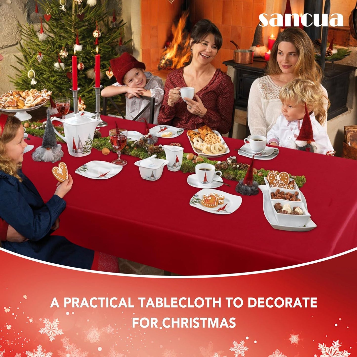 sancua Rectangle Tablecloth - 70 x 90 Inch - Stain and Wrinkle Resistant Washable Polyester Table Cloth, Decorative Fabric Table Cover for Dining Tables, Buffet Parties, Christmas Red