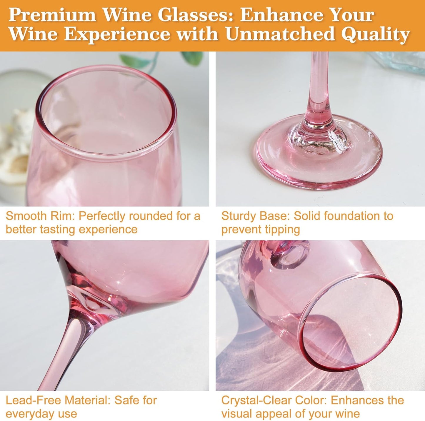 Pink Wine Glasses Set of 6-12oz Pink Long Stem Wine Glass Cups, Pink Pretty Crystal Glassware, Hand Blown Goblets Drinkware, Unique Drinking Stemware Holiday Gift Set for Women