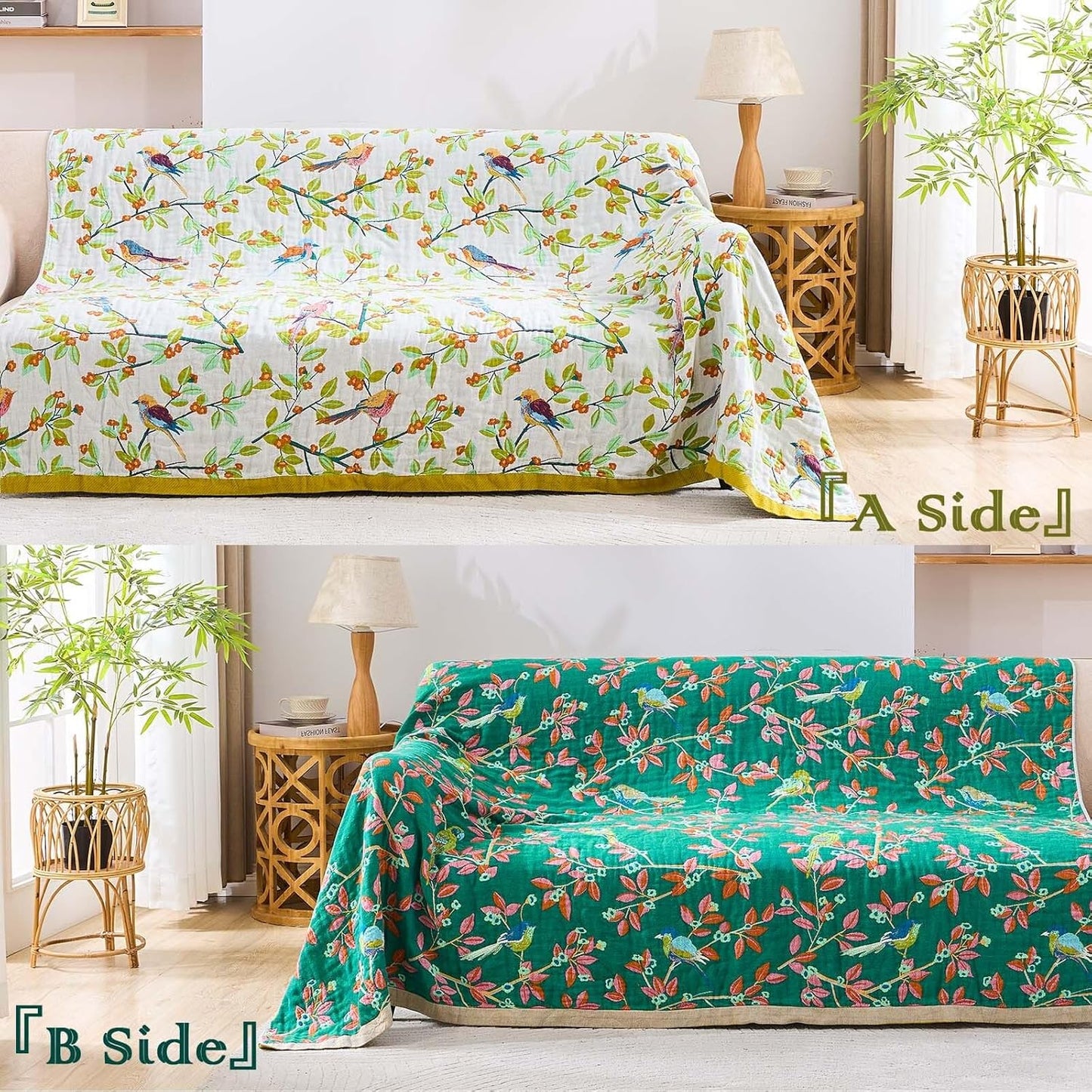 Boho Throw Blanket for Bed, 100% Cotton Soft Rustic Quilt Fall Blanket, 50"x60" Floral Printed Farmhouse Decor Bed Blankets, All Season Rustic Reversible Bohemian Throw Quilt