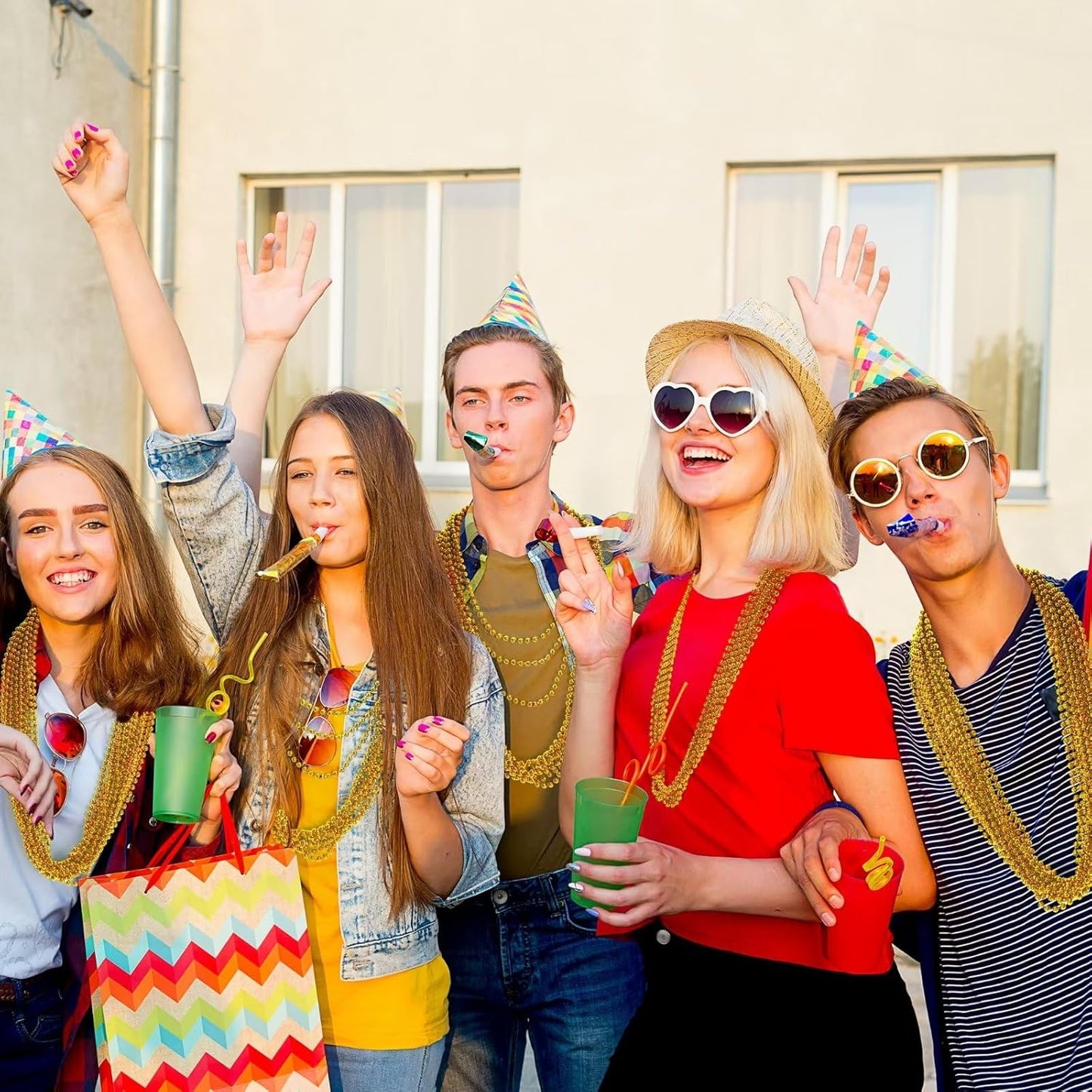 50PCS Mardi Gras Beads, Gold Bead Necklace Stuff, 33" Mardi Gras Christmas Beads Necklace Costume, Festival Parade Throw Accessories for Mardi Gras St Patricks Xmas Wedding Birthday Supplies Decor