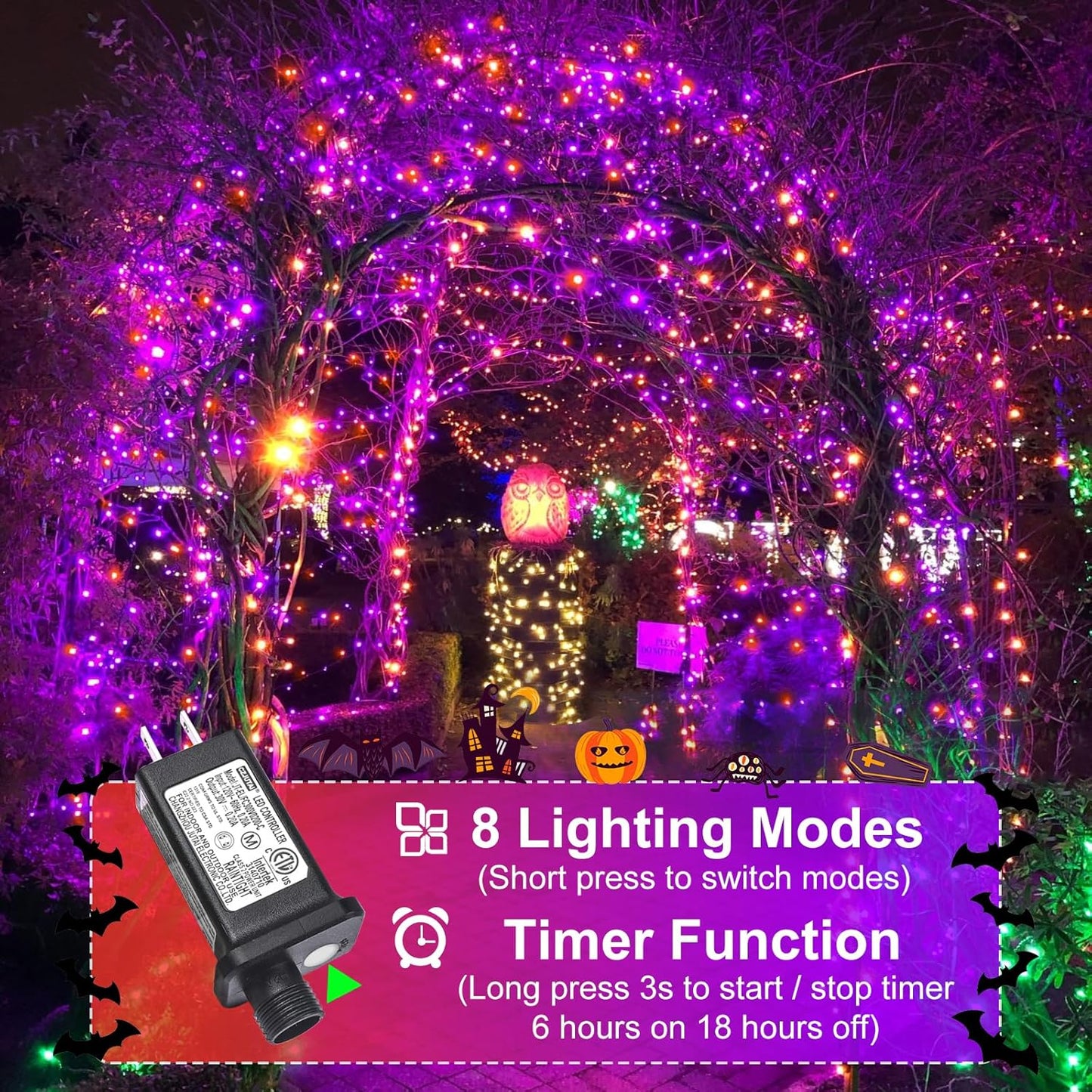 Purple and Orange Halloween Lights, 100FT 300 LED String Lights for Outside with 8 Modes Waterproof, Plug in Green Wire Twinkle Light for Indoor Tree Patio Garden Party House Holiday Decor