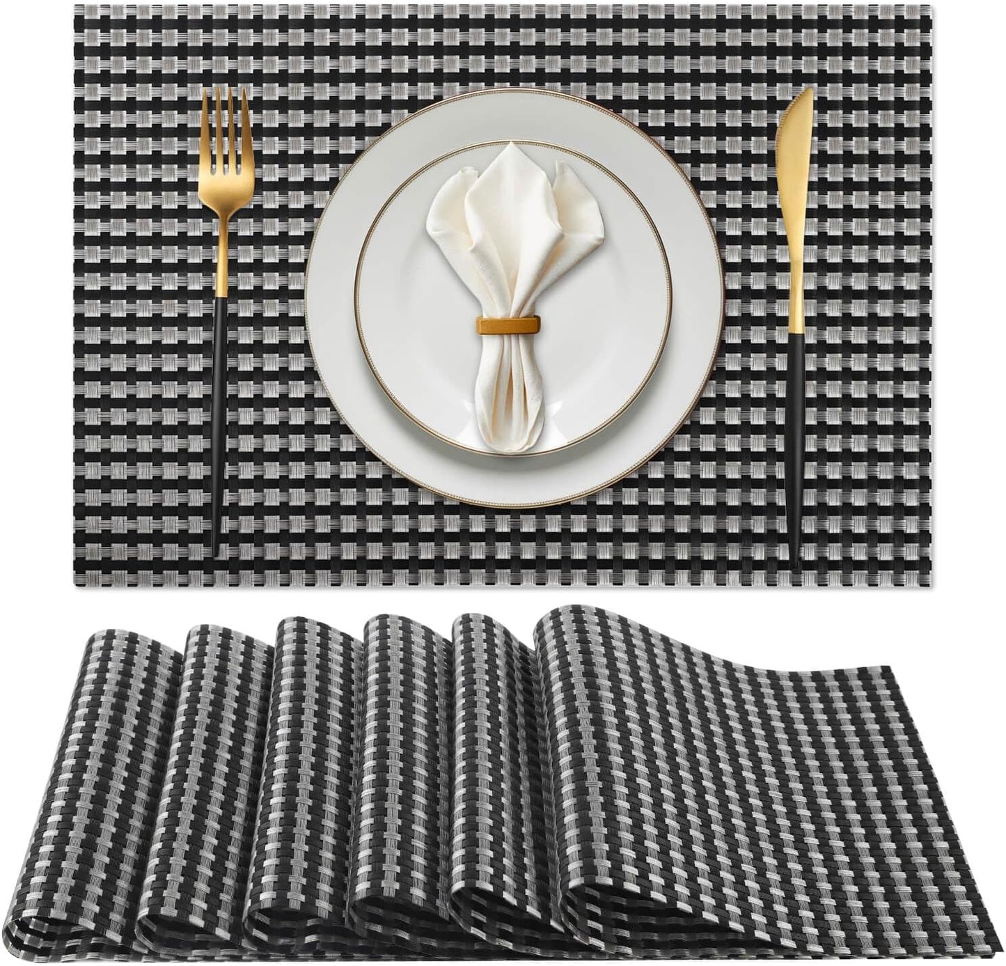Vinyl Plastic Placemats Set of 6 Washable Heat Resistant Non-Slip Elegant Indoor Outdoor Kitchen Dining PVC Woven Table Place Mats (Black Silver Weaving)