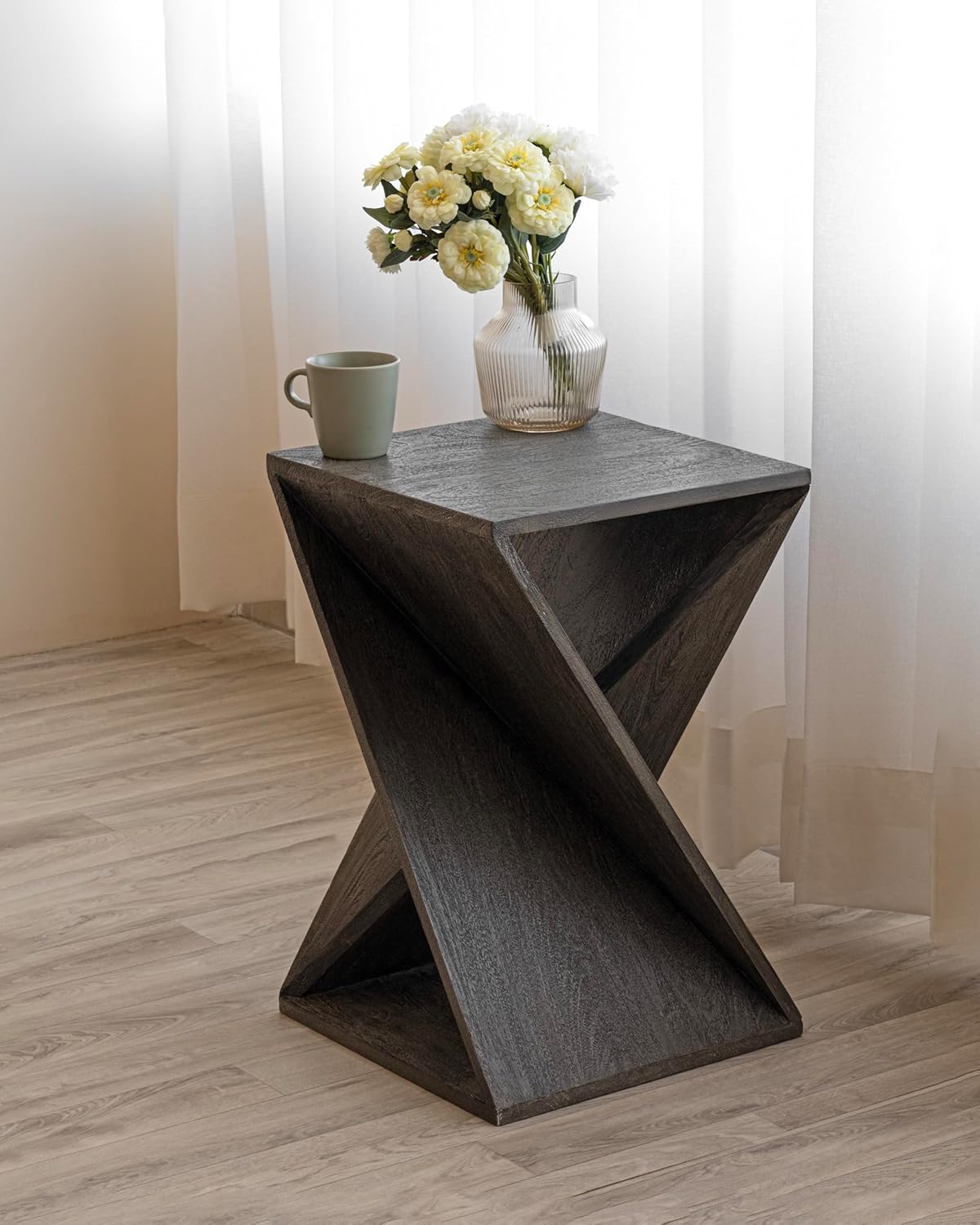 Modern Hand Made One-of-a-Kind Carved Mango Wood End Table, Farmhouse Side Table,Farmhouse End Table,Living Room,Bedroom, Accent Table, Contemporary Architectural Designed Grey,Assembled