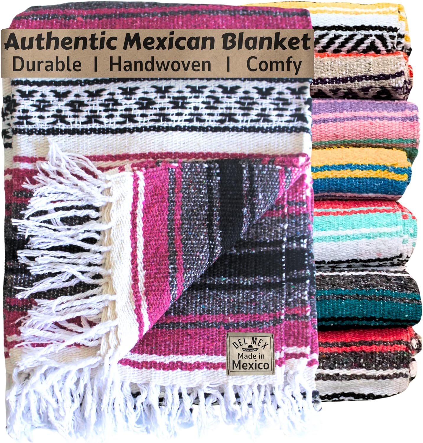 Del Mex Classic Mexican Blanket, Large Authentic Woven Falsa Throw (70"x50"), Artisan Southwest Décor for Beach, Yoga, Outdoors (Hot Pink/Fuchsia)