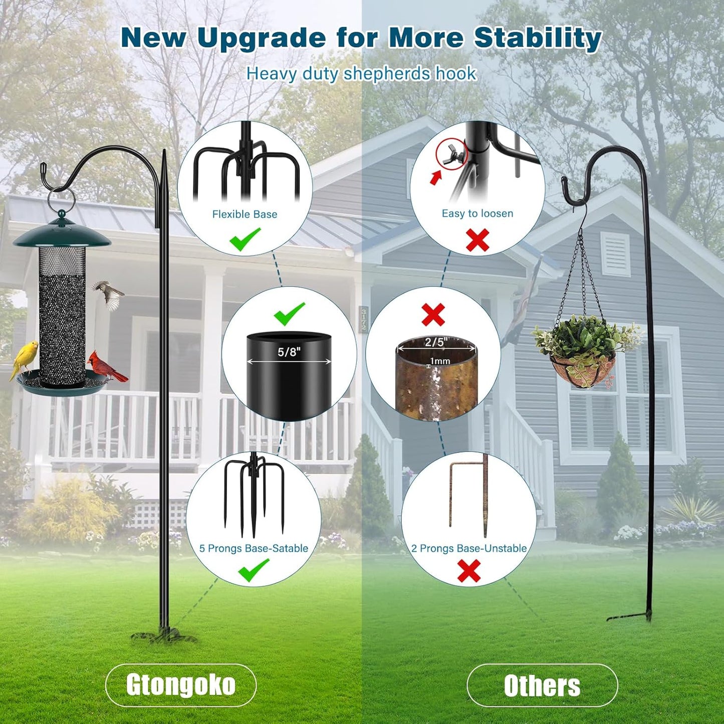 Gtongoko 63 Inch Shepherds Hooks for Outdoor with 5 Prongs Base, Adjustable Bird Feeder Pole Garden Hooks for Hanging Lanterns, Plants Baskets, Hummingbird Feeders, 2 Pack