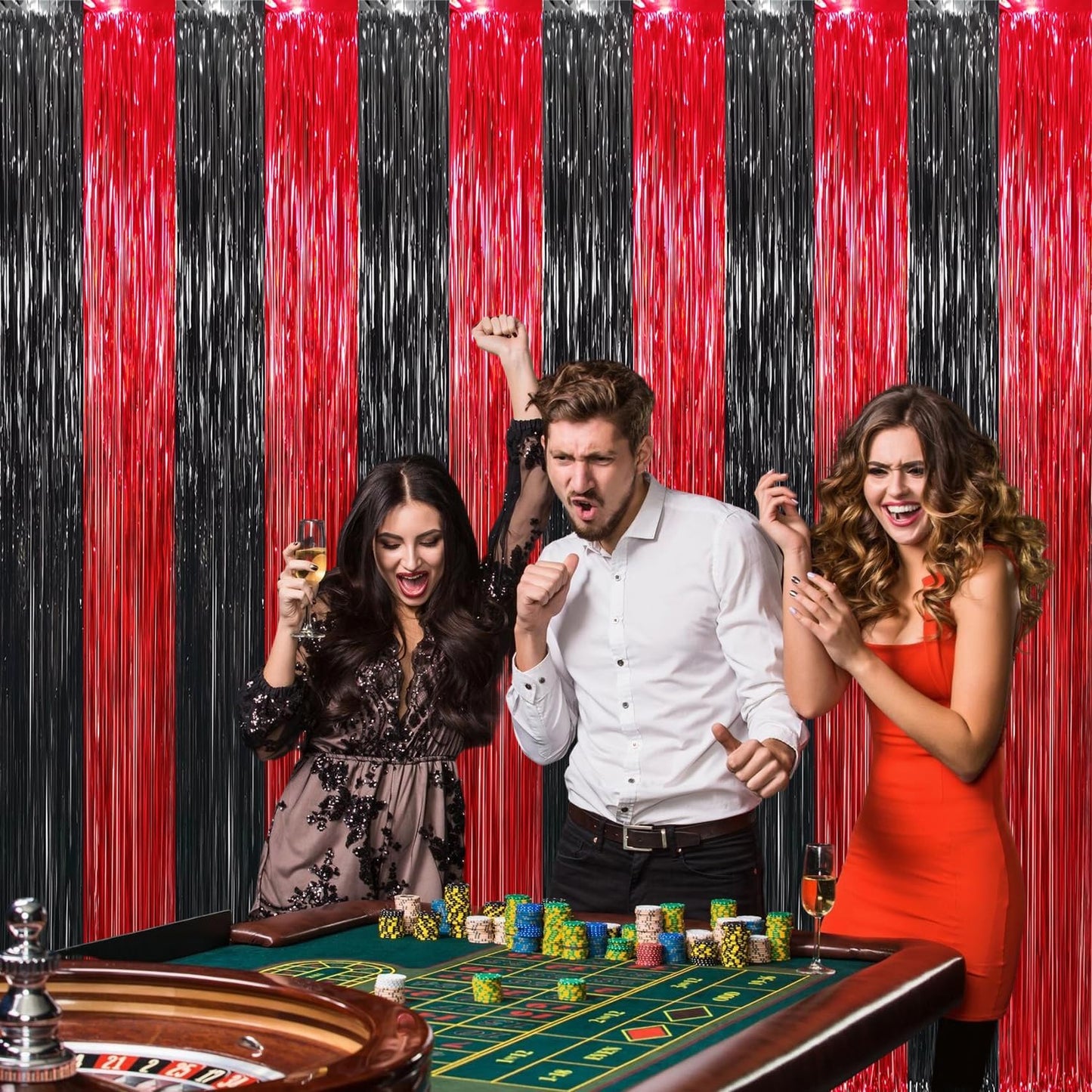 GOER 3.2 ft x8.2 ft Metallic Tinsel Foil Fringe Curtains Party Photo Backdrop Party Streamers for Birthday,Graduation,New Year Eve Decorations Wedding Decor (4 Pcs,Black&Red)