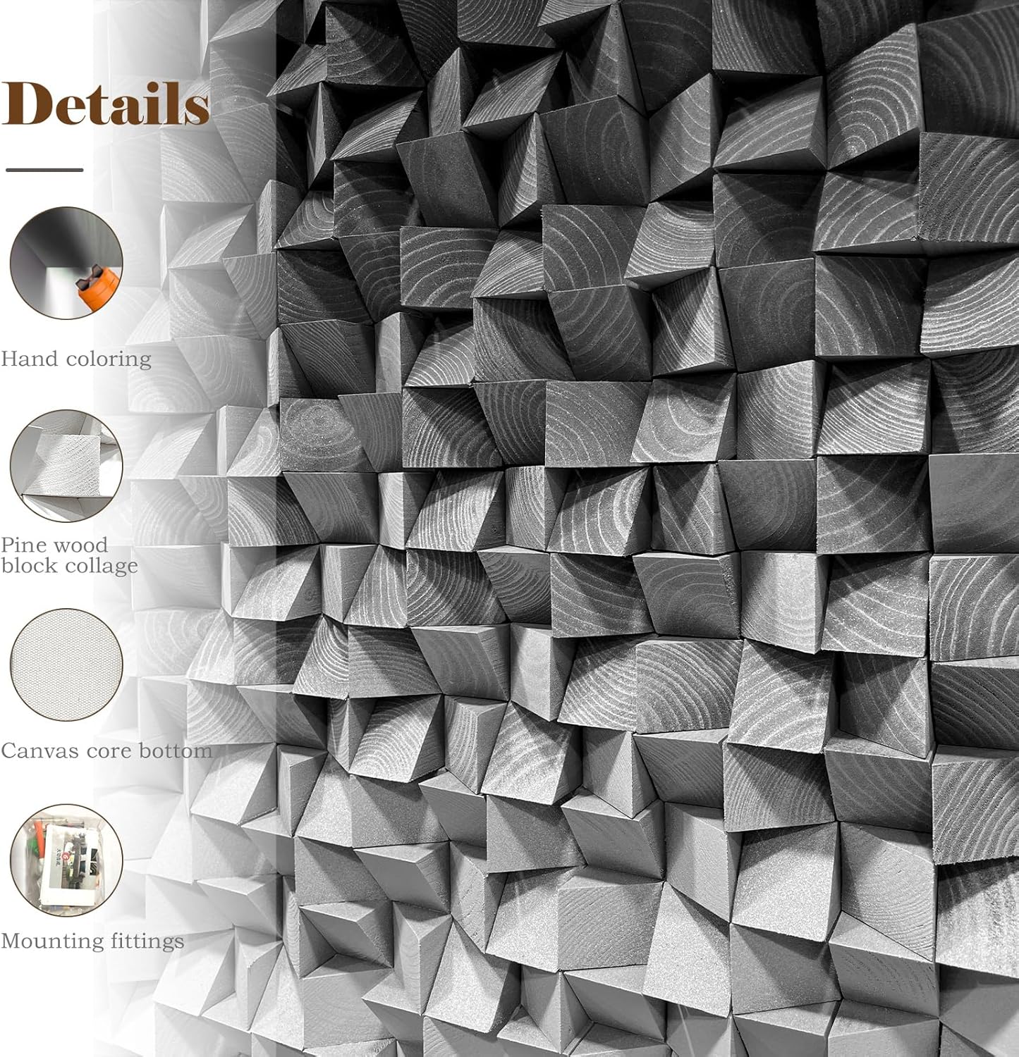 LIUZEYUE - Wooden Block Stereoscopic Painting Geometric Modeling Wall Decoration 3D Wooden Artwork Living Room Bedroom Background Wall Office Decoration Black and White Gradient 23.6 x 47.2 inches