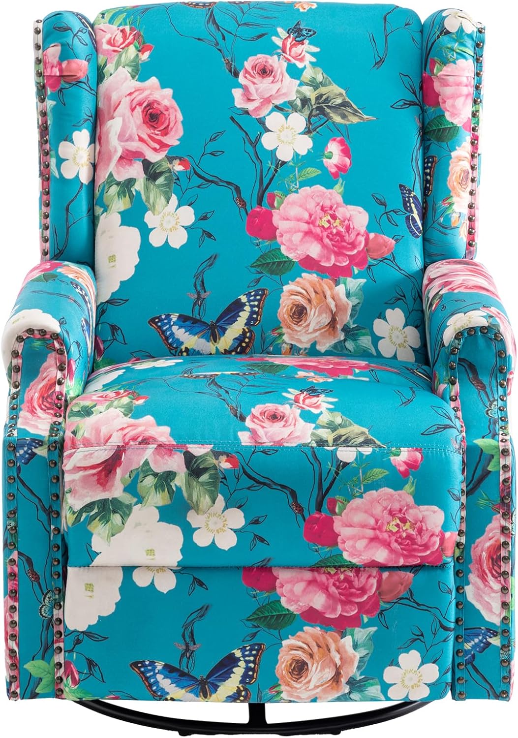 UIXE Swivel Rocker Manual Recliner Chair, Wingback Swivel Glider Fabric Nursery Reclining Sofa Chair, High Back Upholstered Arm Chair for Living Room Bedroom - Peacock Blue