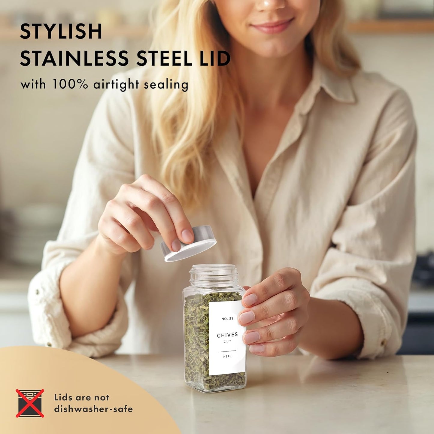 Glass Spice Jars with Label and Stainless Steel Lids (24 x 4oz) Spice Containers with 240 Labels, Shaker Inserts, Steel Funnel, Empty Square Empty Square Seasoning Organizer (White)