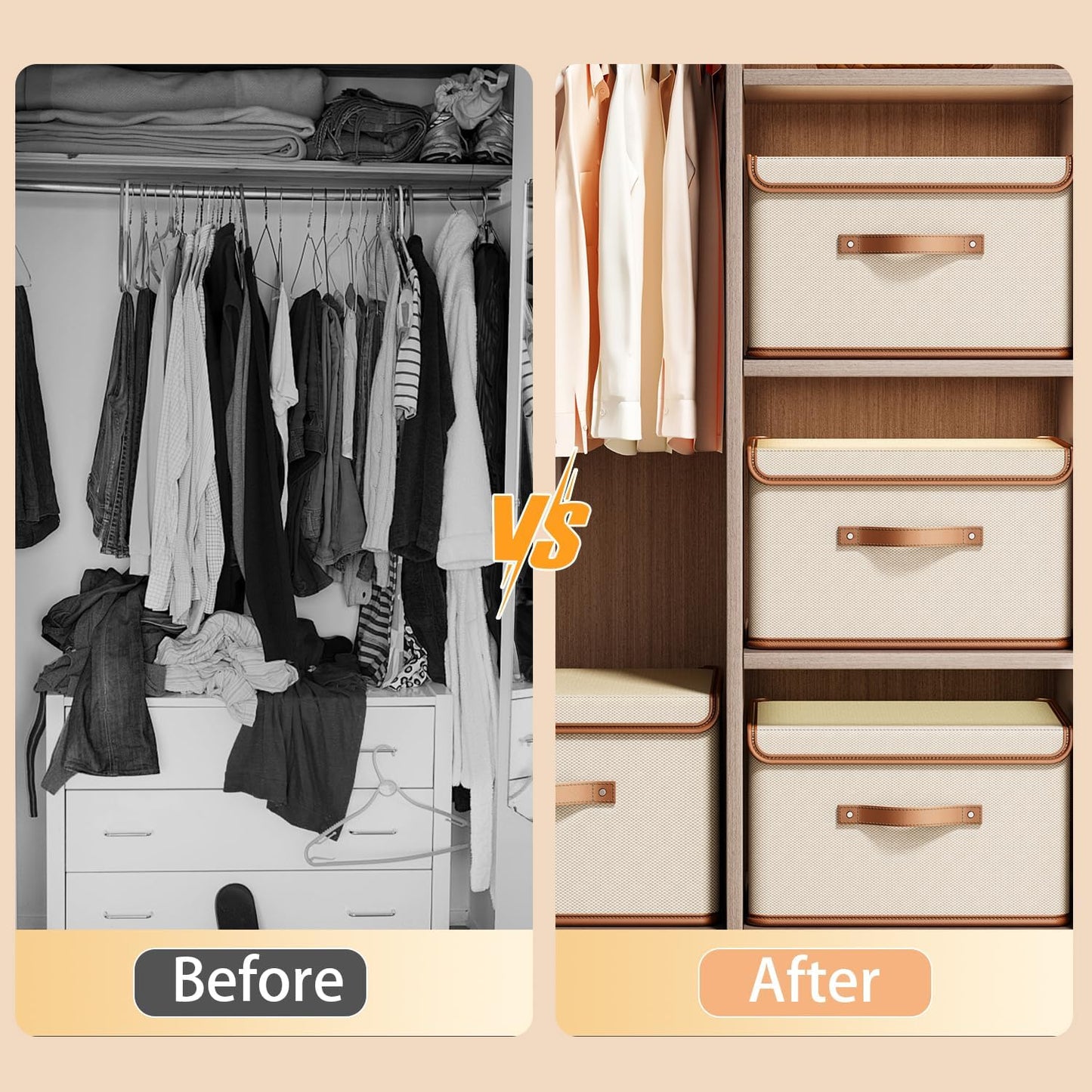 Tuza 4 Pack Storage Bins with Lids, Collapsible Closet Organizer Container, Fabric Organizer Box with Handles, Decorative Storage Boxes with Lids for Organizing Clothes, Blanket, White, Extra Large