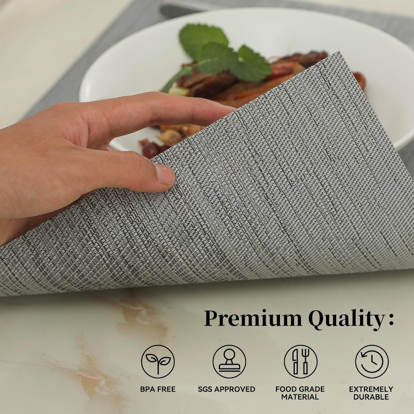 Leetaltree Grey Placemats, Heat Resistant Non-Slip Place mats for Dining Table, Washable Durable PVC Vinyl Woven Table Mats (Set of 6)