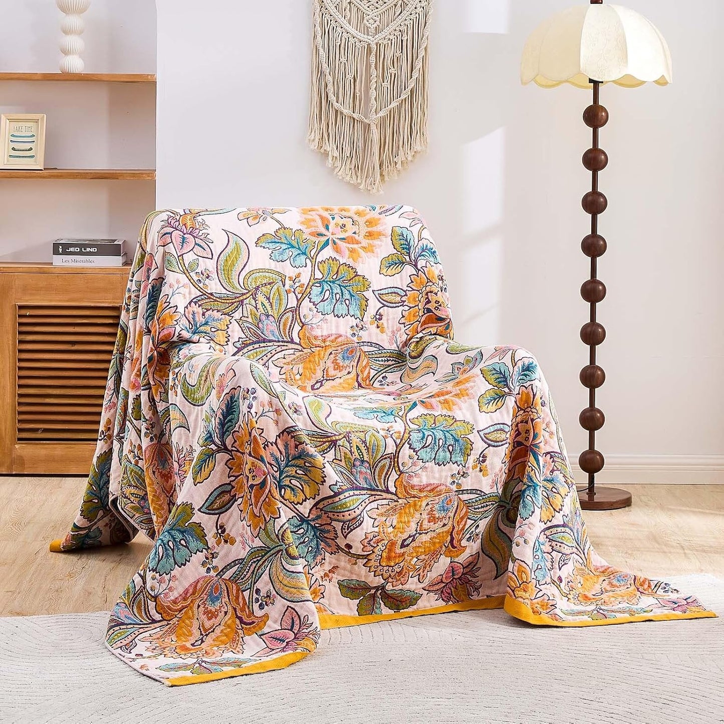 Boho Throw Blanket for Bed, 100% Cotton Soft Rustic Quilt Fall Blanket, 90"x98" Floral Printed Farmhouse Decor Bed Blankets, All Season Rustic Reversible Bohemian Throw Quilt