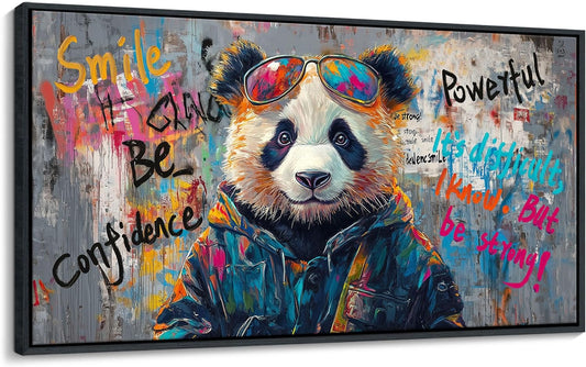 JEAWA Graffiti Abstract Wall Art, Cute Panda Street Cool Pop Framed Canvas Animal Paintings for Living Room Bedroom Bathroom Teenage Boy Game Room Inspirational Picture Wall Decor 20x40 IN