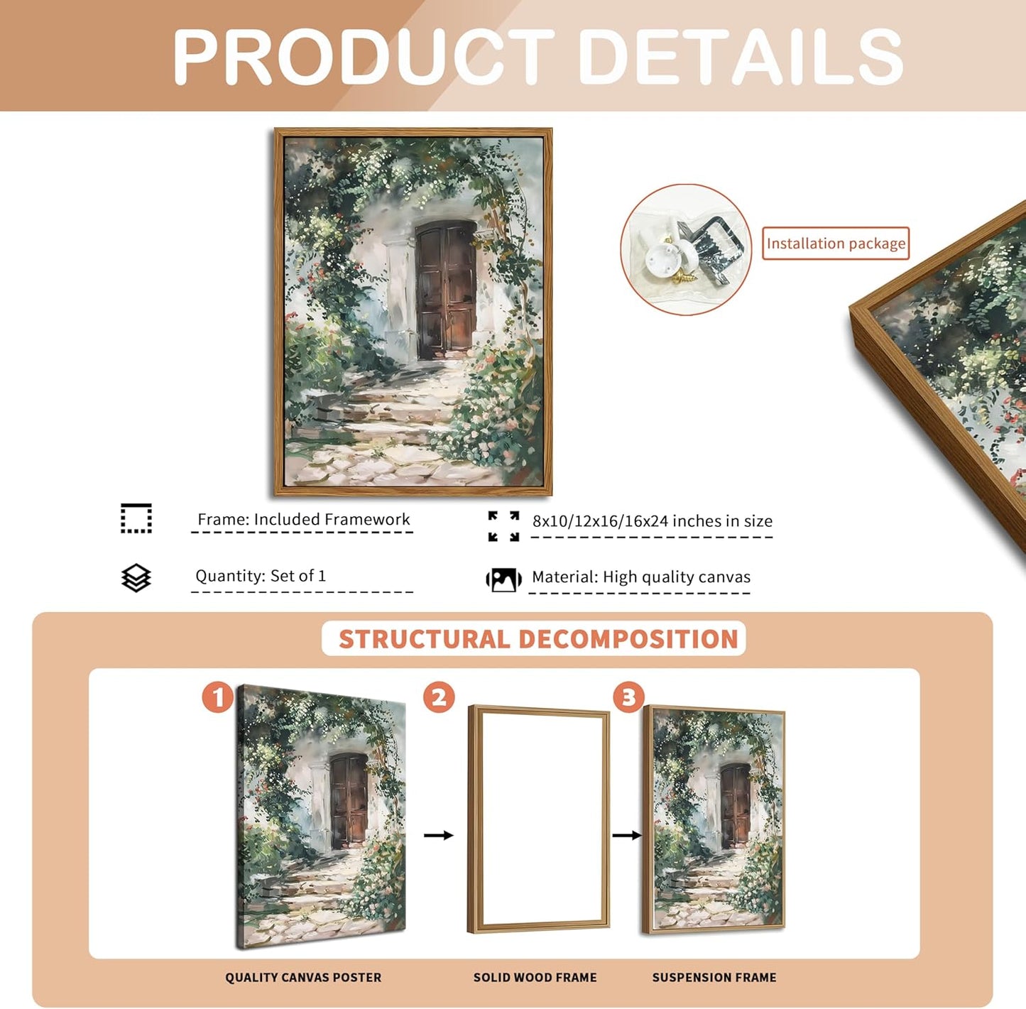 Floating Framed Canvas Vintage Wall Art, Rustic Cottage Spring Garden Oil Paintings Print, Country Floral Pictures Wall Decor for Living Room Bedroom Office Home Decor 8x10 inch