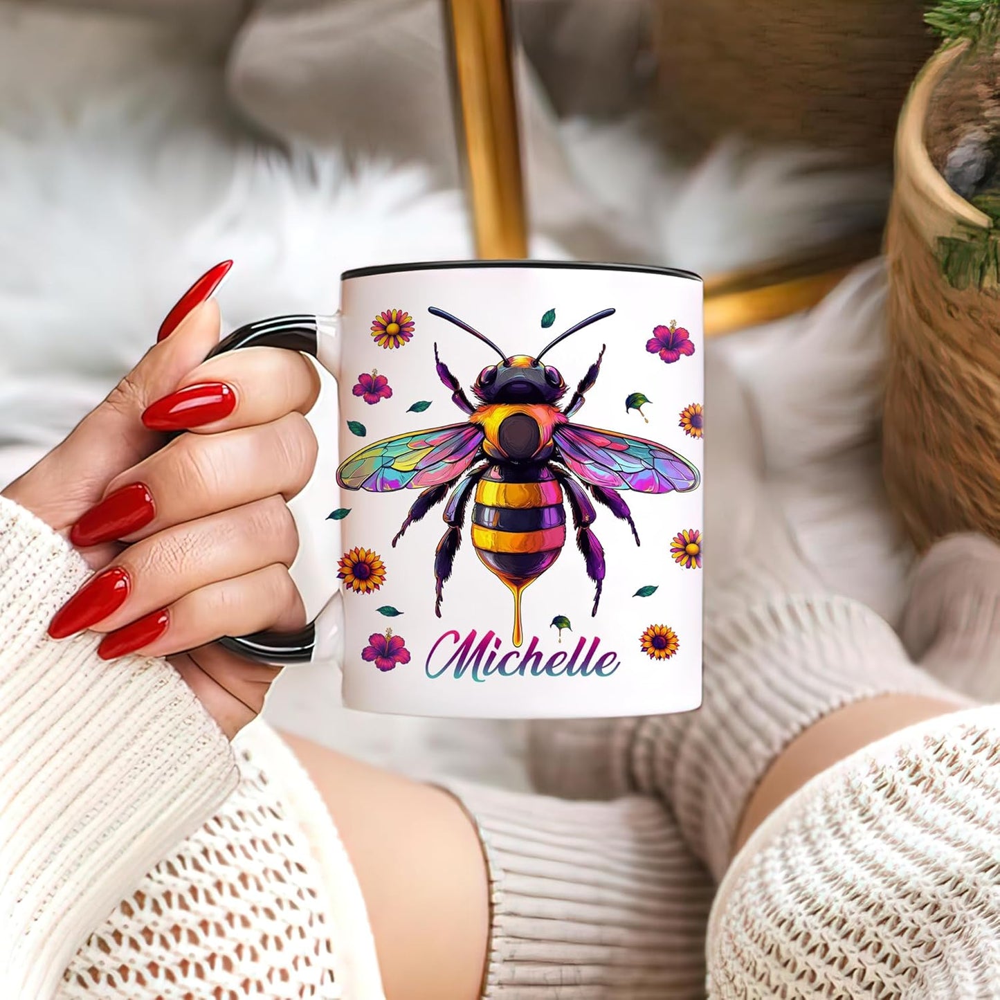 Hyturtle Personalized Colorful Bee Mug - Bee Keeper Gifts For Women Lovers Teacher - Honey Gifts For Beekeeper Farmer On Birthday - Queen Honeycomb Decor - Custom Coffee Cup Ceramic Mug 11 Oz 15 Oz