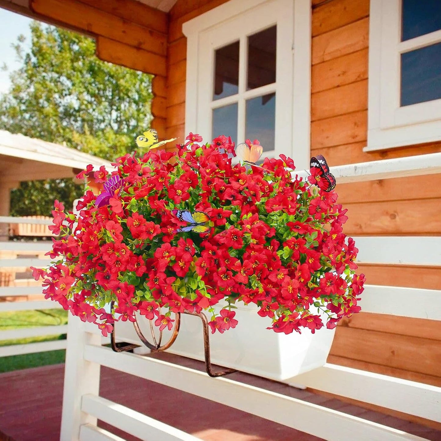 ‌20 Bundles Artificial Flowers for Outdoors‌ with 6 Faux Butterflies, UV Resistant ‌Fake Flowers‌ with Eucalyptus Leaves, ‌Artificial Plants Outdoor‌ for Patio Garden Porch Home Decor (Red)