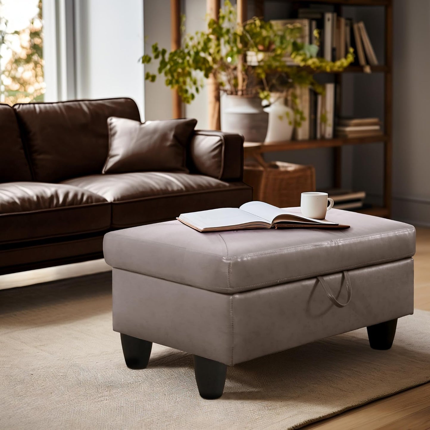 Ottoman Rectangular Storage Ottoman Bench, Faux Leather Footrest, Coffee Table, Stool Footstool with Hinged Lid for Living Room, Bedroom, Entryway, Champagne, 28.5"x19"x17.5"