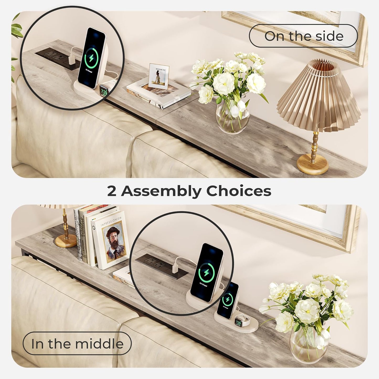 SUPERJARE 70 Inch Console Table with Outlets and USB-C Port, Extra Long Behind Couch Sofa Table with X-Shaped Design, Narrow for Entryway, Living Room, Metal Frame, Wooden Top, Grey Oak