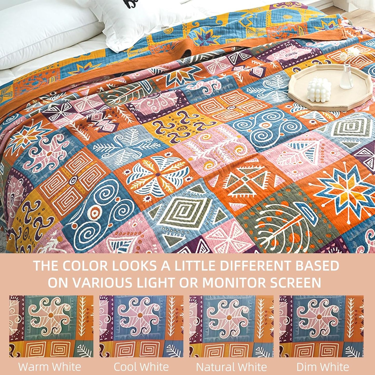 Boho Throw Blanket for Bed - 100% Pure Cotton Ultra Soft Rustic Quilt - Farmhouse Decor Bed Blankets, All Season Rustic Throw for Sofa Couch Chair(91''x 98'', Art Squares)