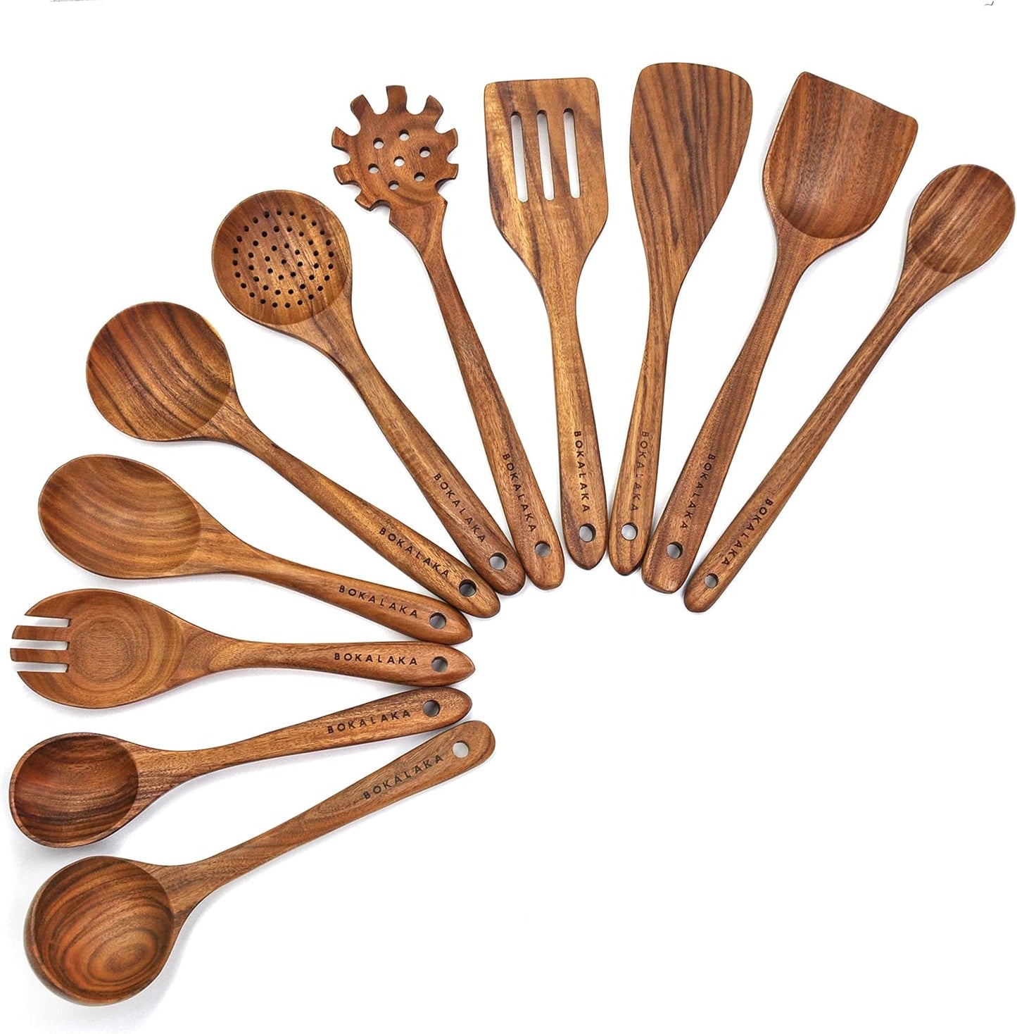 11 Pcs Wooden Kitchen Utensils Set - Wooden Spoons, Spatulas and More for Cooking