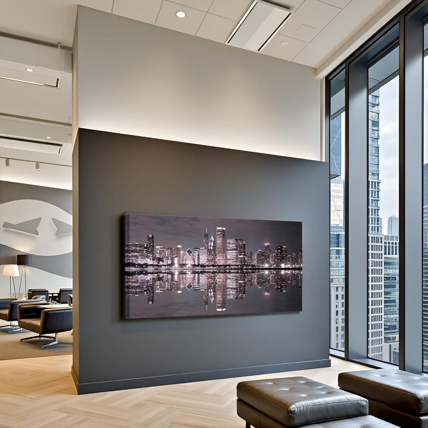 Conipit Chicago Wall Art Chicago Skyline Artwork City Night Downtown Picture Cityscape Painting Framed for Bedroom Home Office Decor 24"x48"