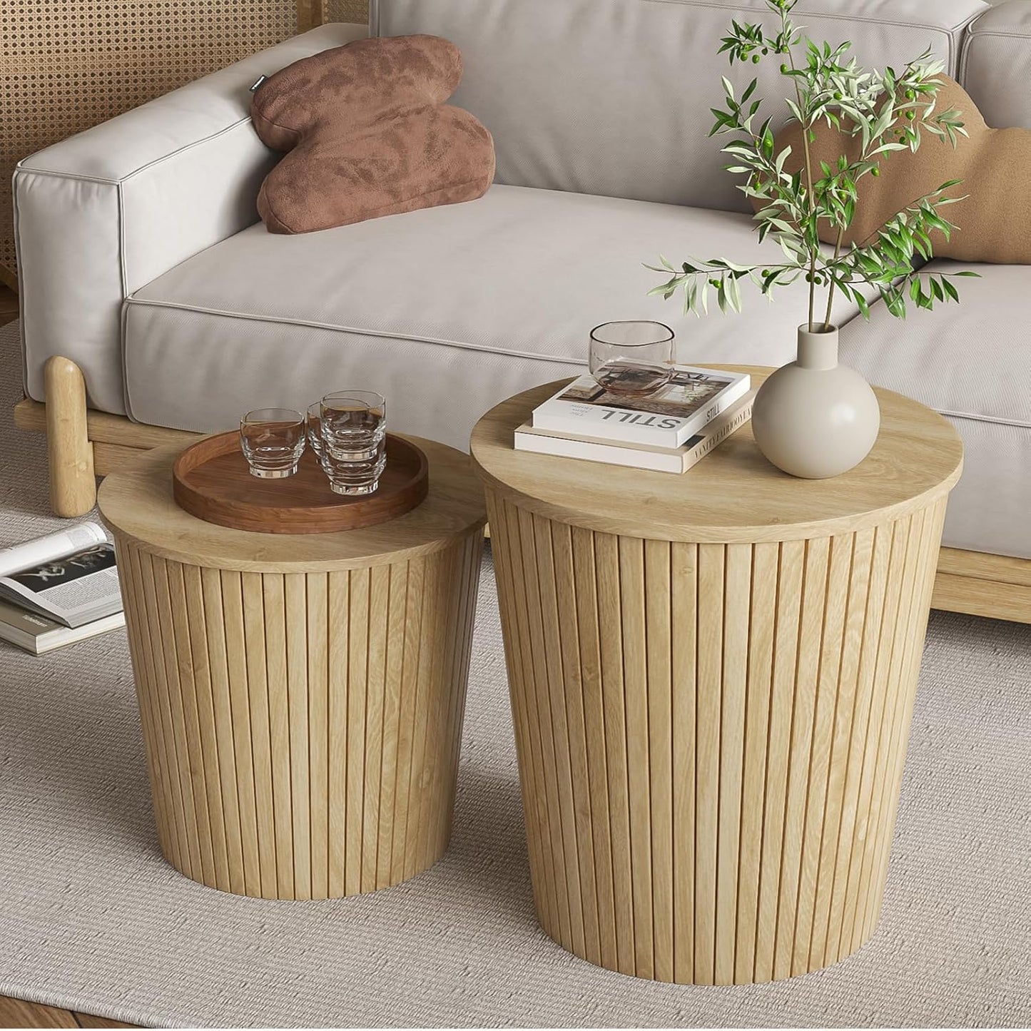 Round Coffee Table Set,2-Piece Modern Farmhouse Living Room End Table Set, Nesting Table Round Natural Finish for Living Room (Wood, 17.72'')