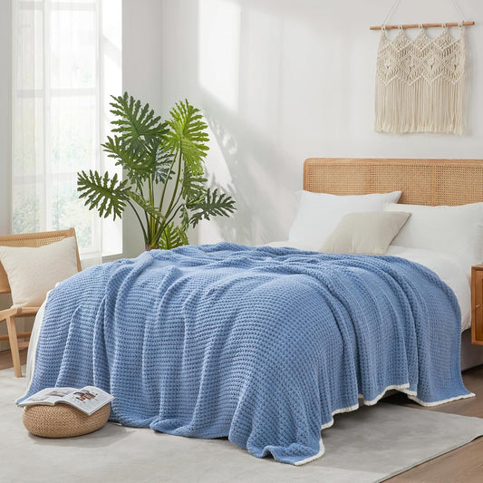 Snuggle Sac Blue Waffle Bedding Blankets Queen Size 90x90 inches, Reversible Microfiber Fluffy Fuzzy Soft Throw Cozy Knit Blanket for Women Mothers Birthday Gifts