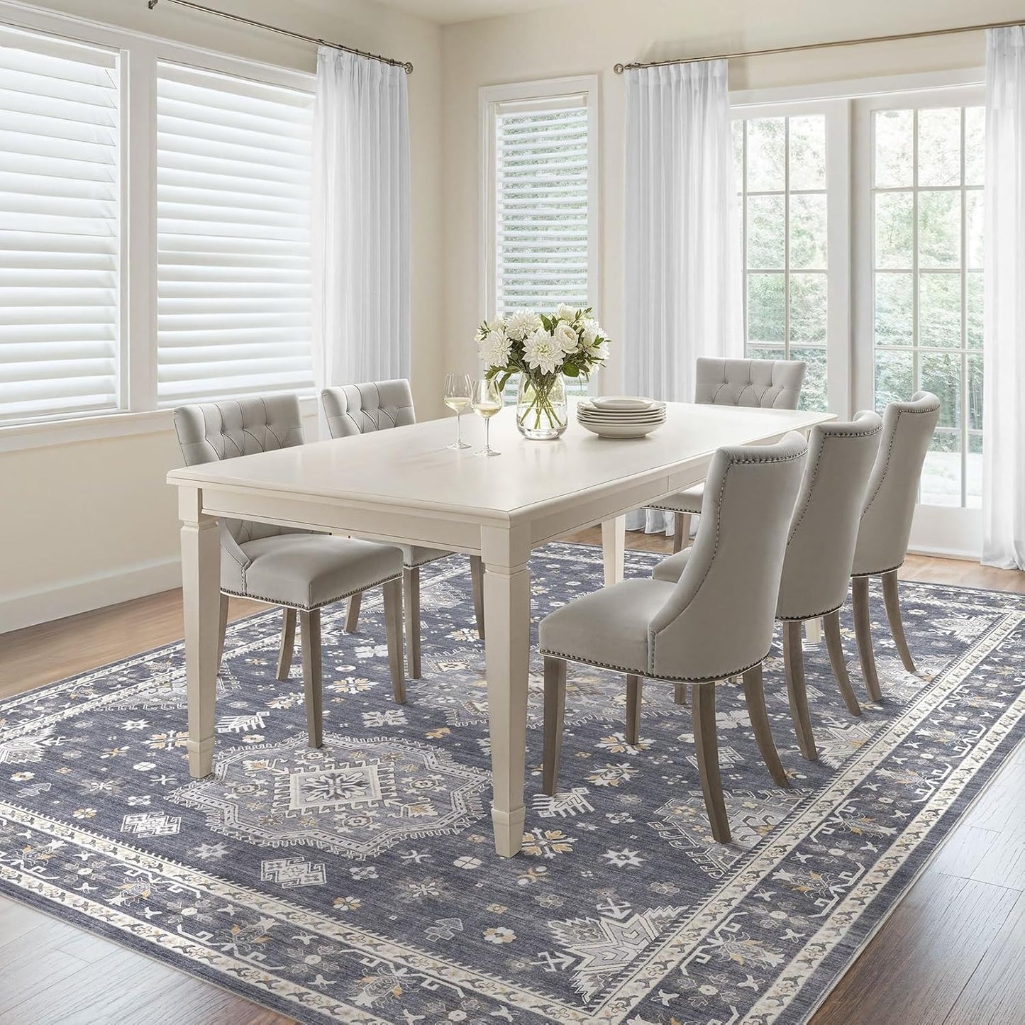 Washable Area Rugs for Living Room -9x12 Neutral Vintage Distressed Floral Farmhouse Boho Large Soft Floor Rug Indoor Non Slip Carpet for Living Room Bedroom Dining Room Office - Denim Blue/Grey