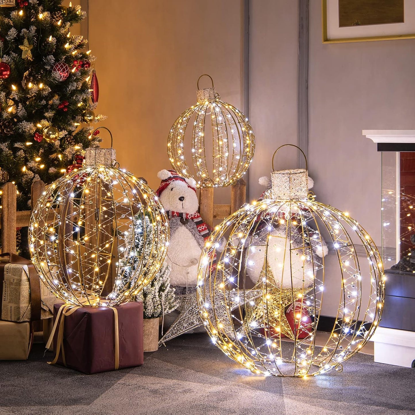 Tangkula Christmas LED Light Balls for Tree (3 Pack), Outside Lighted Sphere with 180 Warm White & 180 Cold White Lights, Holiday Lighted Decorations, Christmas Sphere Balls for Indoor Outdoor Decor