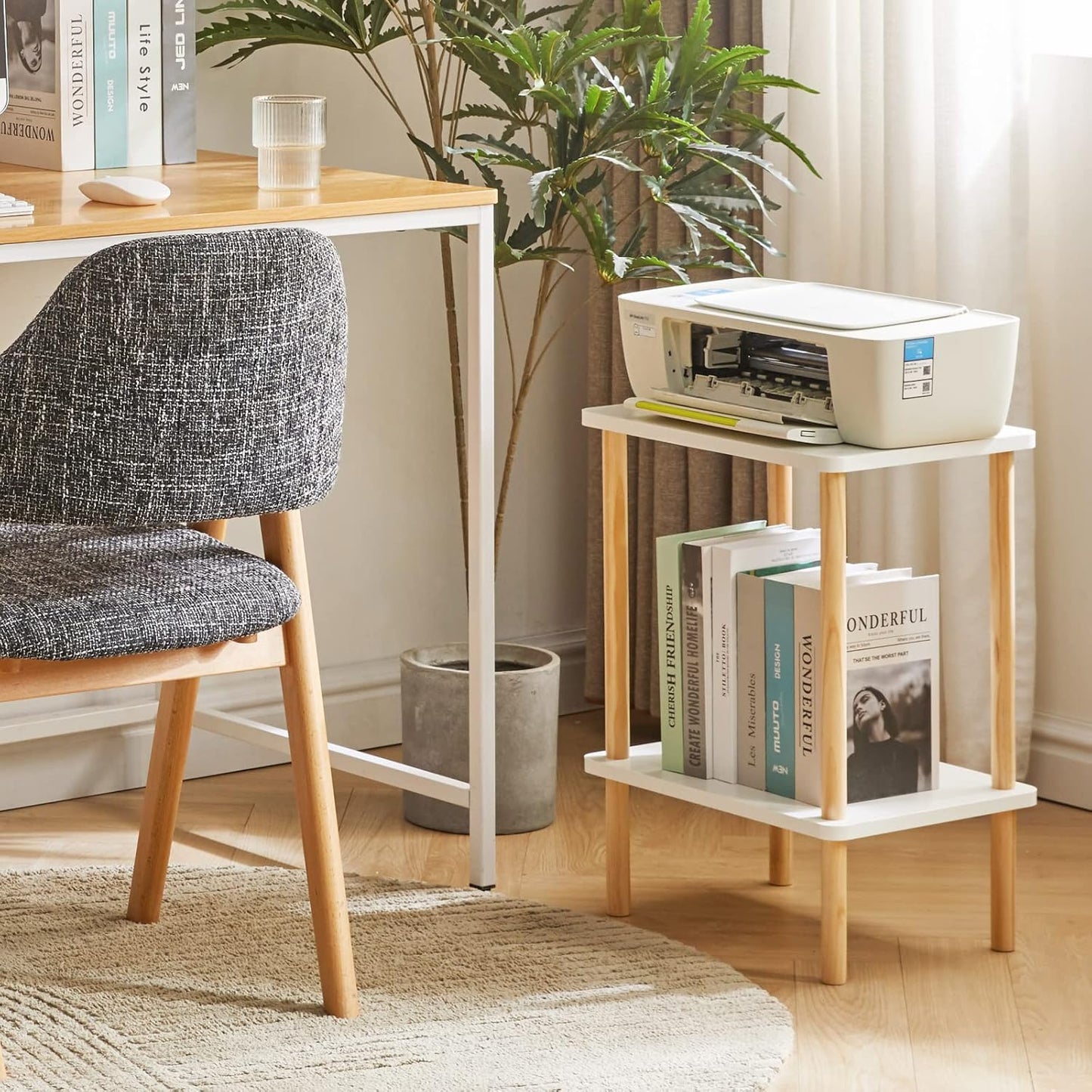 IBUYKE 2-Tier Side Table, Solid Wood Tall End Table with Storage Shelves, Nightstand Bedside Table for Living Room Bedroom Office, No-Tool Assembly, White UWST002W