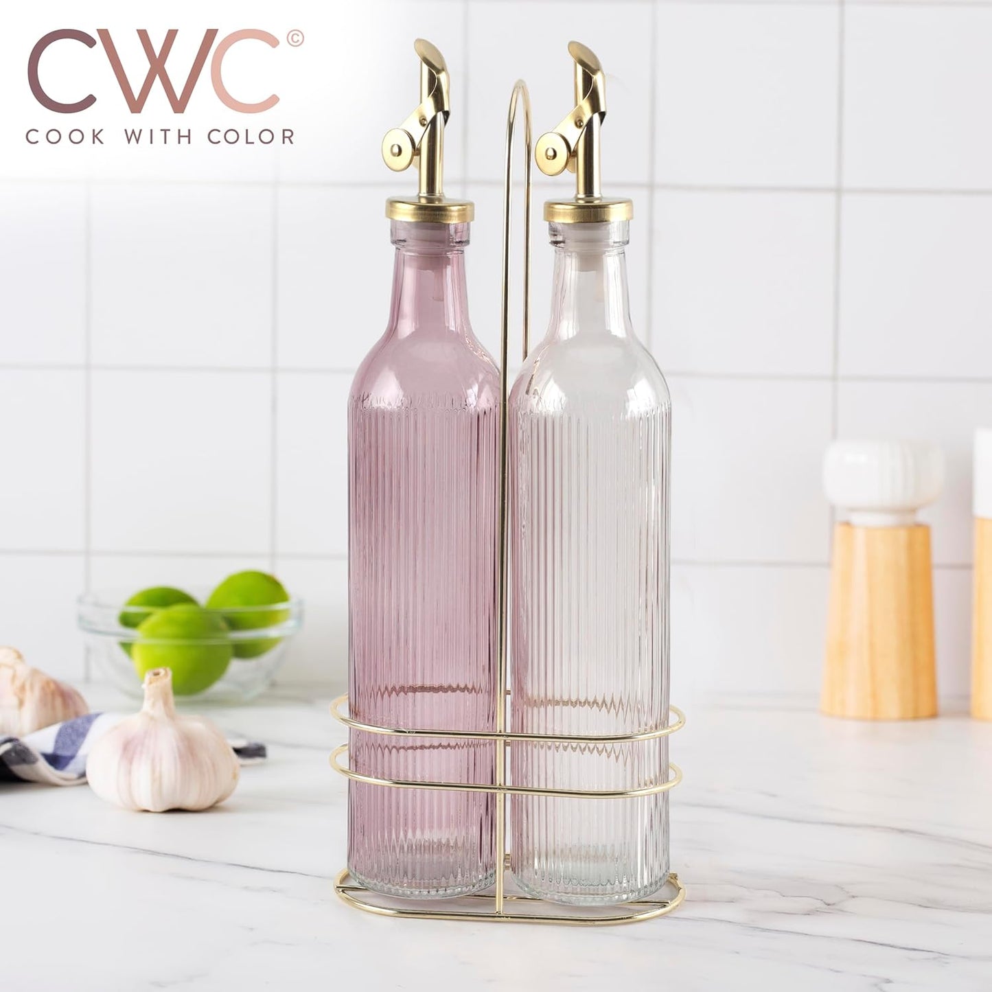 COOK WITH COLOR Glass Olive Oil Bottle Dispenser - 2 Pack- 17oz Oil and Vinegar Cruet - Olive Oil Carafe Decanter for Kitchen