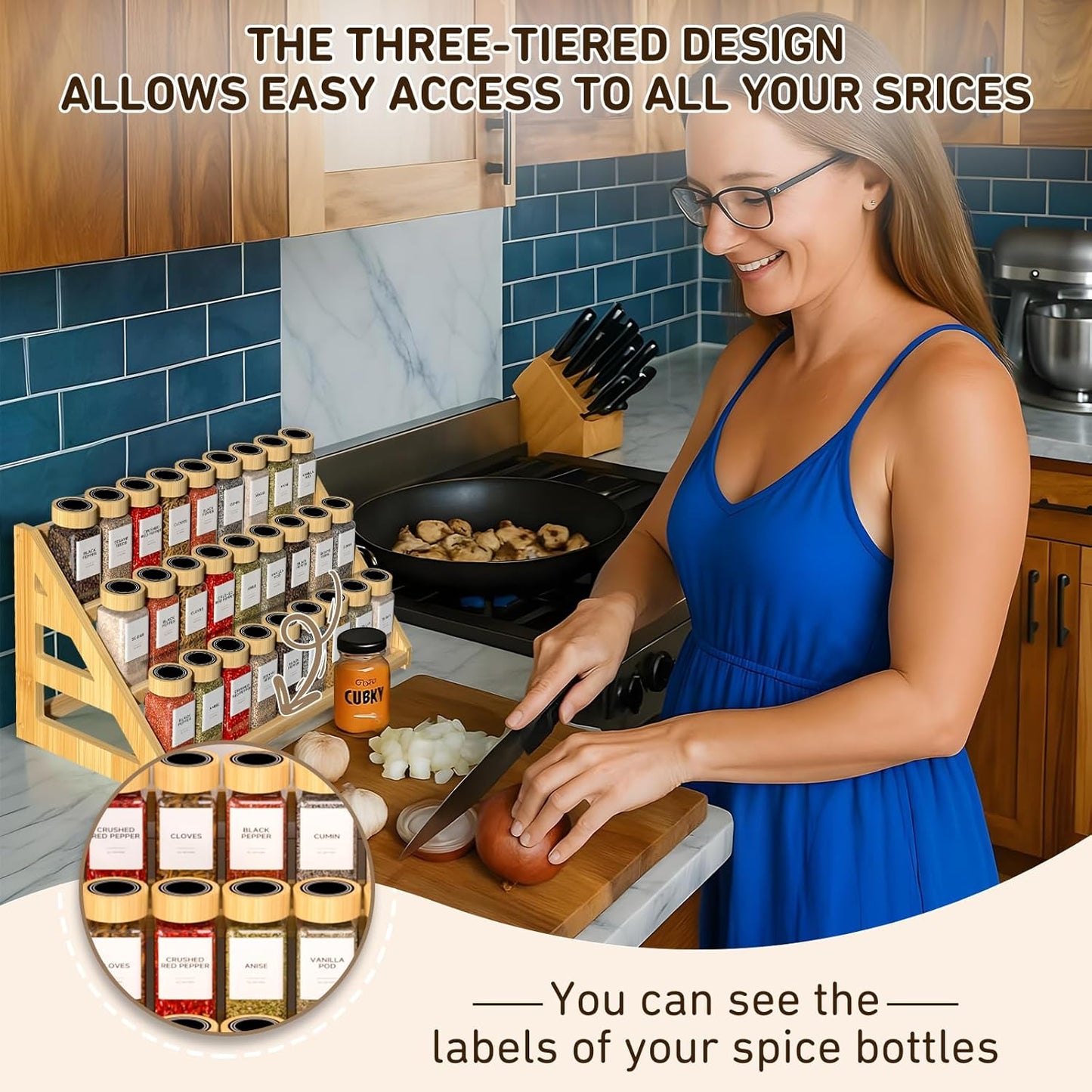 Bamboo Tiered Spice Rack, for Countertop Spice Organizer for Pantry Spice Shelf Organizer Kitchen Spices Rack