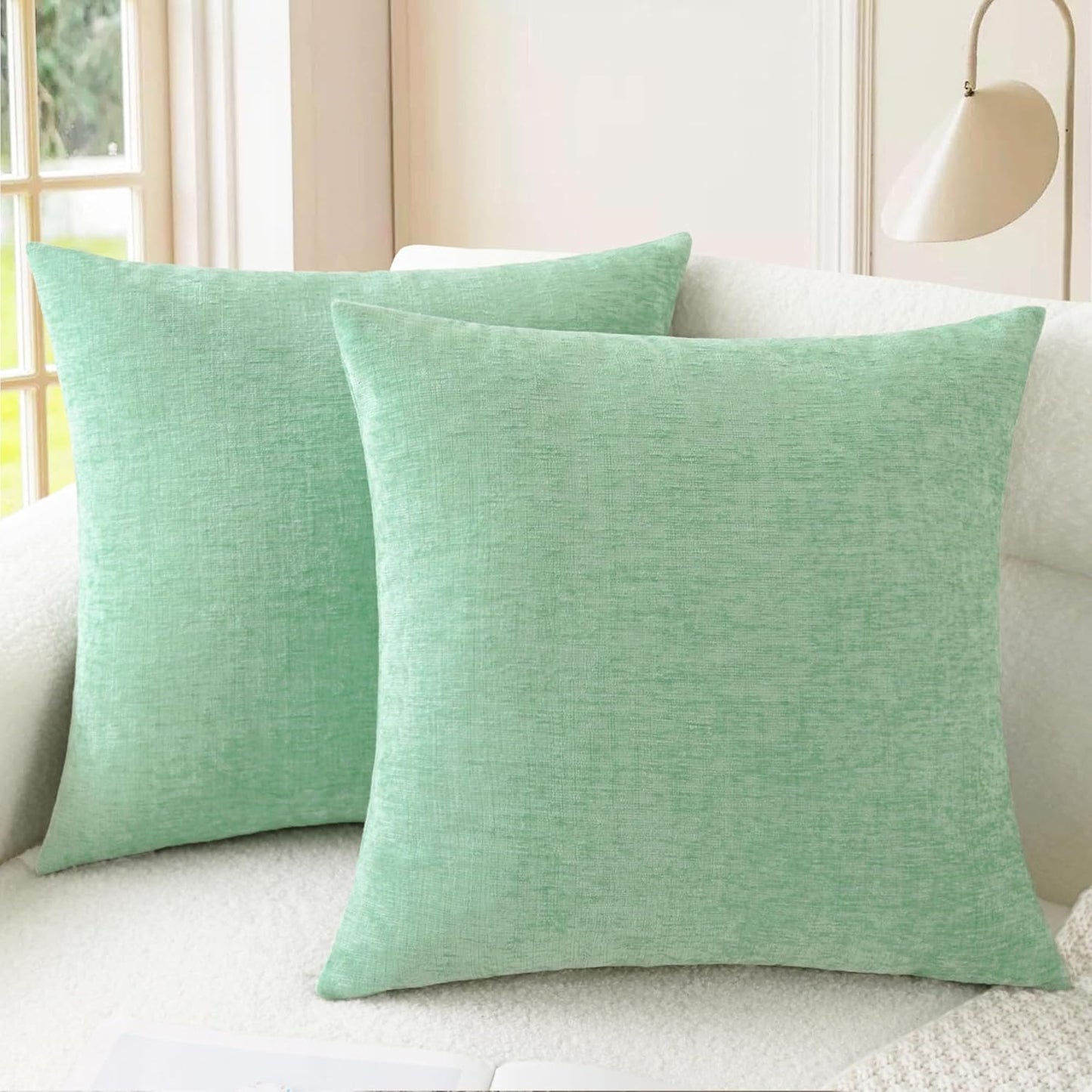 CaliTime Throw Pillow Covers Decorative 16 X 16 Inches Pack of 2 Cozy Chenille Cushion Cases for Couch Sofa Bed Living Room Home Grey Green