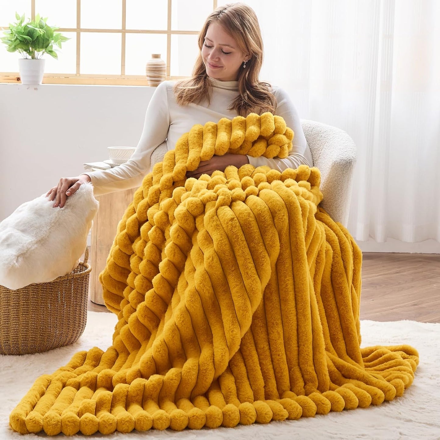 NEWCOSPLAY Faux Fur Throw Blanket Mustard Yellow 3D Ribbed Plush Thick Warm Blanket for Couch Sofa Bed 850GSM (Mustard Yellow Ribbed, Throw(50"x60"))