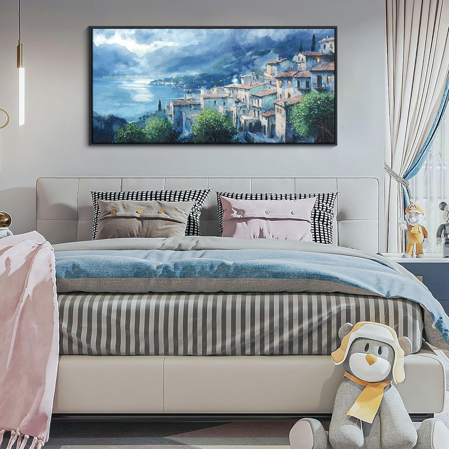 JEAWA Framed Canvas Wall Art - 20x40 IN Landscape Painting Decor Ready to Hang, Gray Blue Town Picture, Lights of Thousands homes Art Prints for Bedroom Bathroom Home Decoration