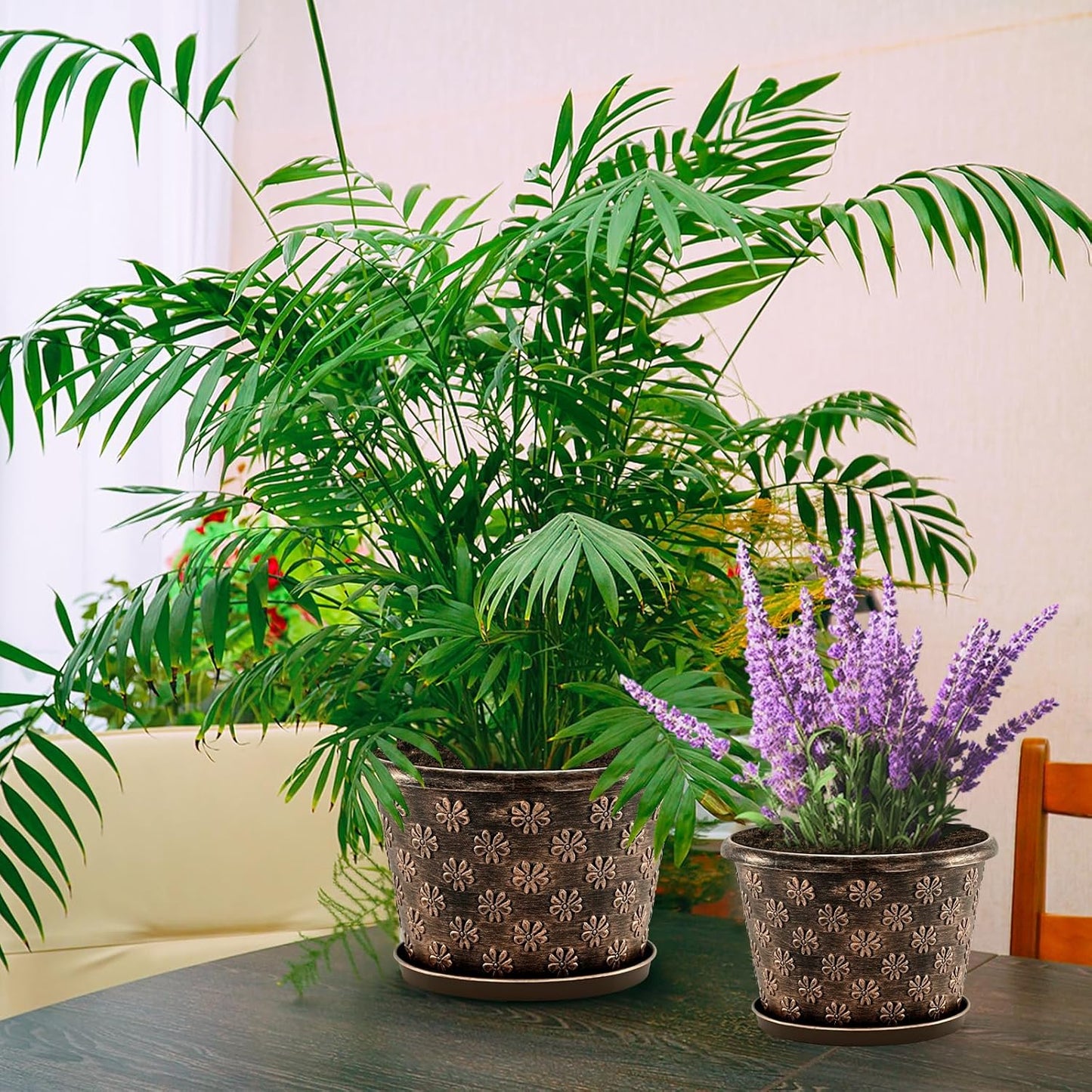 8 Inch Planter Pots for Plants, Plastic Flower Pots Indoor Outdoor, 5 Pack Resin Plant Pot with Drainage & Saucer, Retro Decorative Garden Pot with Removable Trays for House