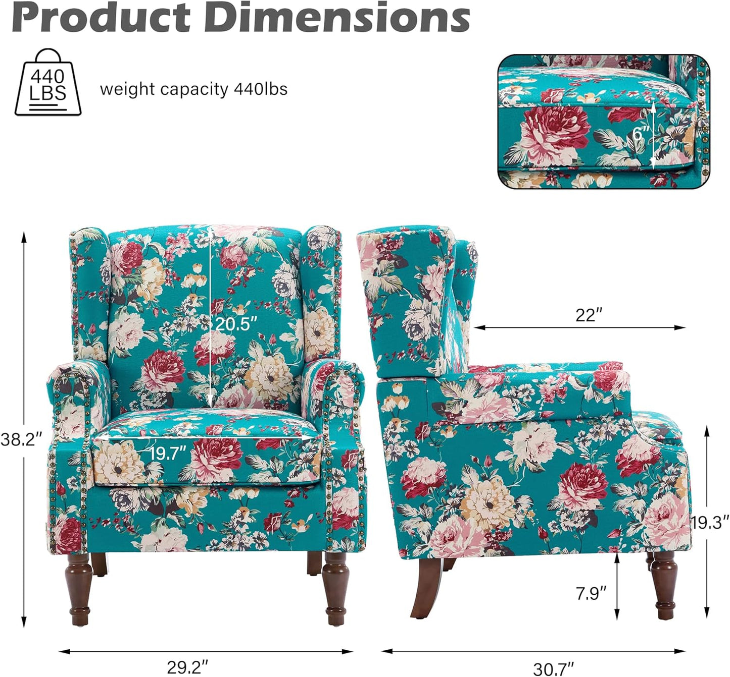 UIXE High Back Floral Accent Chairs Set of 2, Upholstered Armchair in Fabric, Retro Printed Wingback Arm Chair for Living Room, Nailhead Trim Single Sofa Bedroom Reading Seat - Peacock Blue