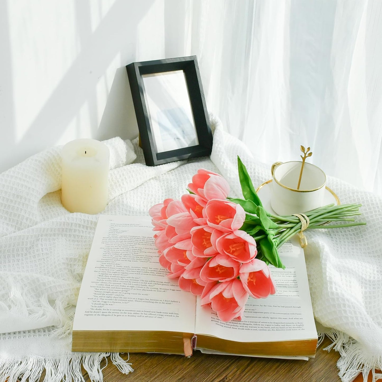 Mandy's Artificial Tulips 12 Stems Light Pink Partially Open PU Faux Flowers for Wedding Home Decor 13.5 Inch