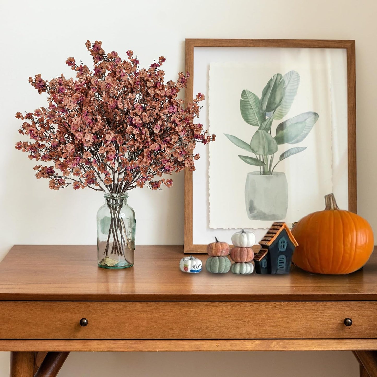 Sggvecsy 15 Pcs Babys Breath Artificial Flowers Gypsophila Bouquets Bulk Real Touch Fake Silk Flowers for Home DIY Floral Arrangement Table Centerpiece Fall Autumn Decoration (Orange Brown)