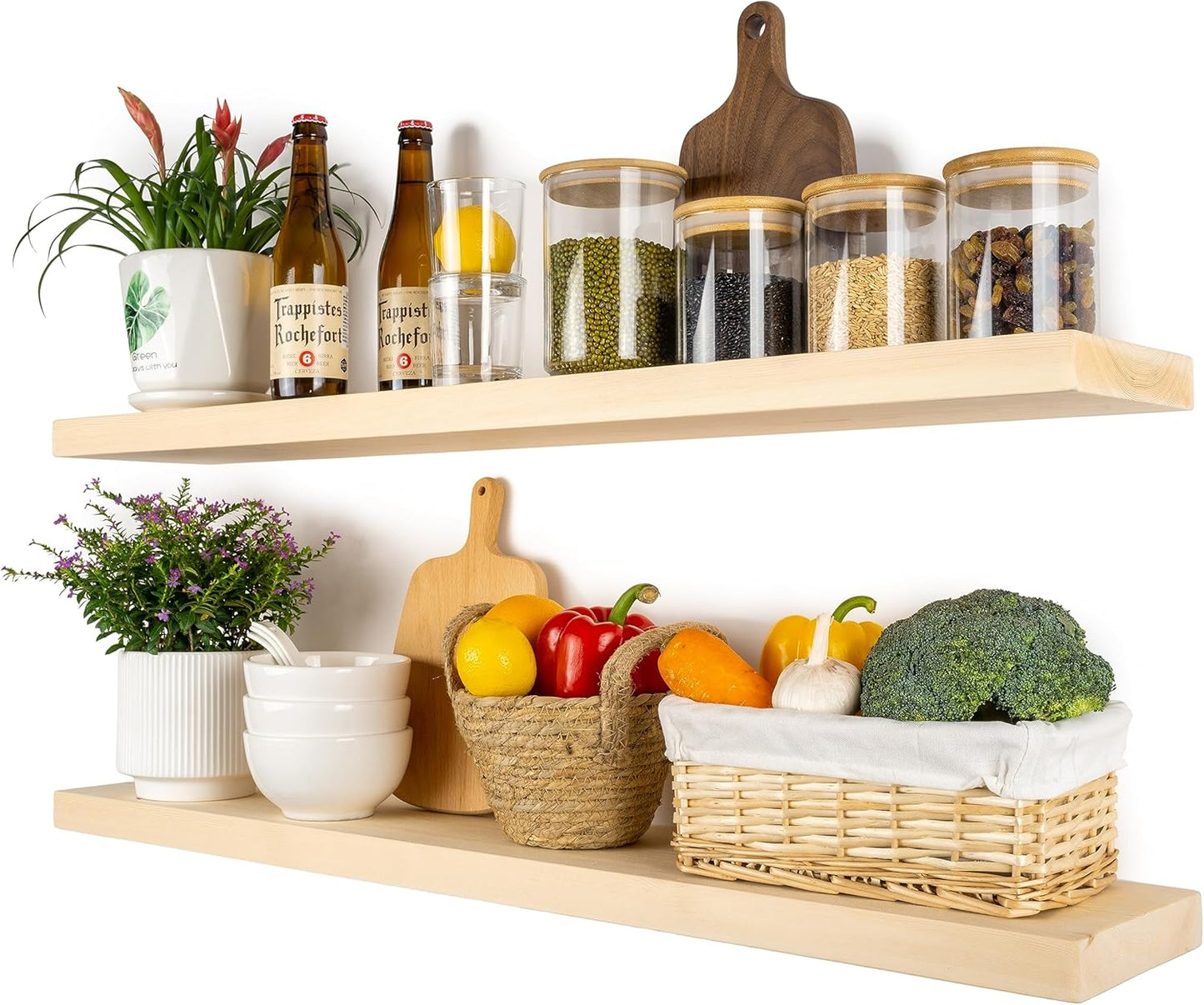 BGMG Wood Floating Shelves 36 inch, Wide Rustic Wooden Wall Shelves for Bathroom Living Room Bedroom Kitchen Farmhouse Set of 2-36x 6.7 x1.25 inch- DIY-Unfinished