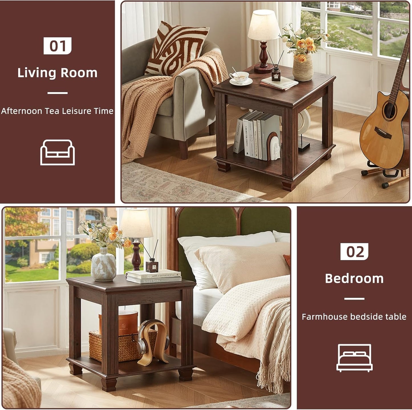 Farmhouse End Table,Large Side Table with 2-Tier Storage Shelf,Rustic Brown End Tables for Living Room,Square Tea Table,Walnut