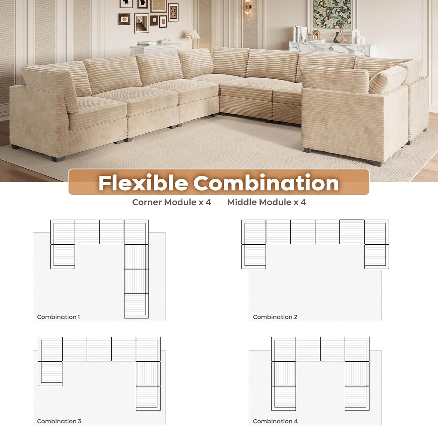 ovios Sectional Sofa Couch with U-Shape Chaise Oversized, Comfy Modular Cloud Couches with Deep Seat, Modern Upholstered Plush Corduroy Sofas Set for Living Room, 8-Seater, Beige