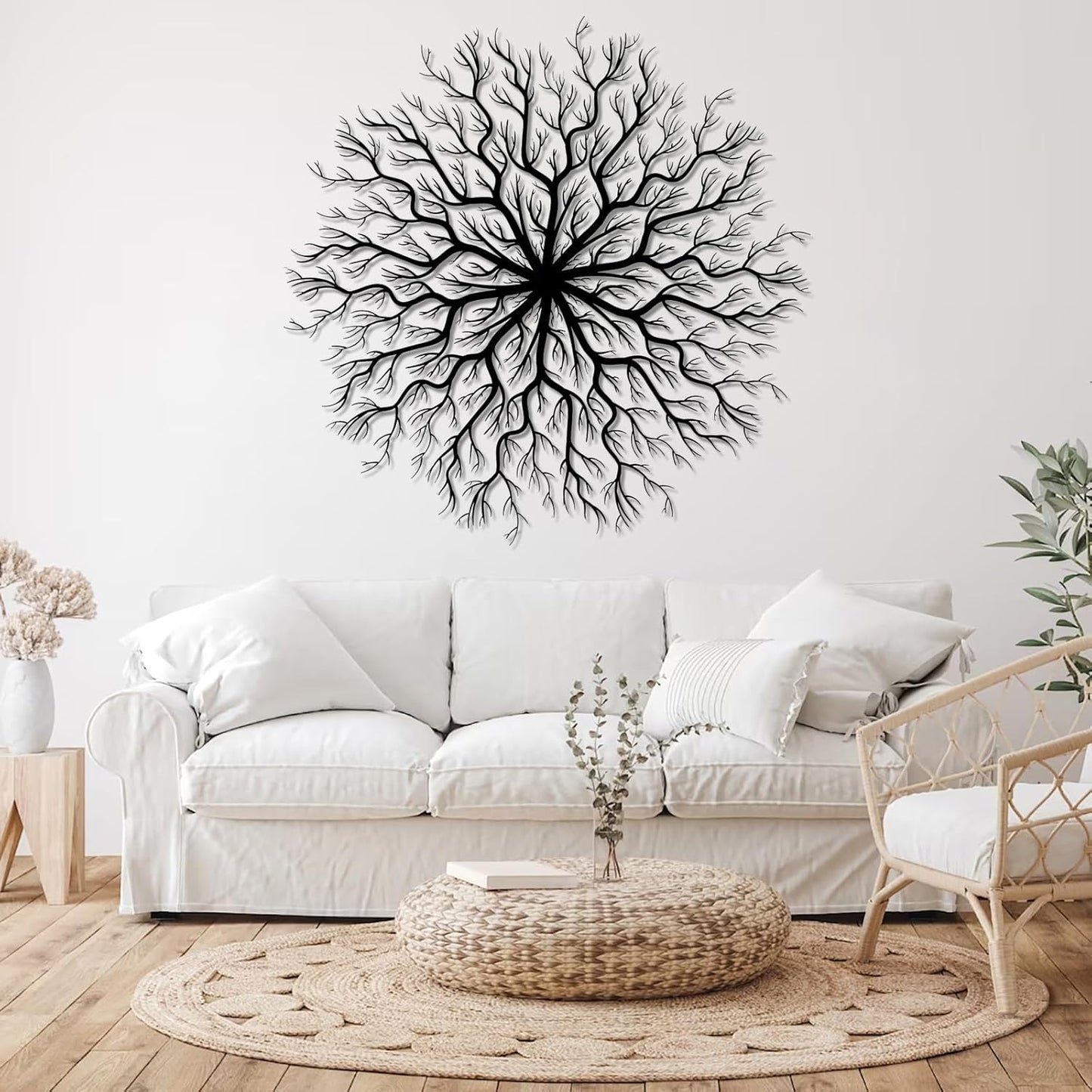 Tree of Life Metal Wall Art, Metal Tree Wall Art, Large Round Sculpture, Round Branch Wall Decor, Large Branch Artwork, Nature Sign, Wall Decor for Living Room, Housewarming Gift (Silver, 35"x35"|90x90cm)