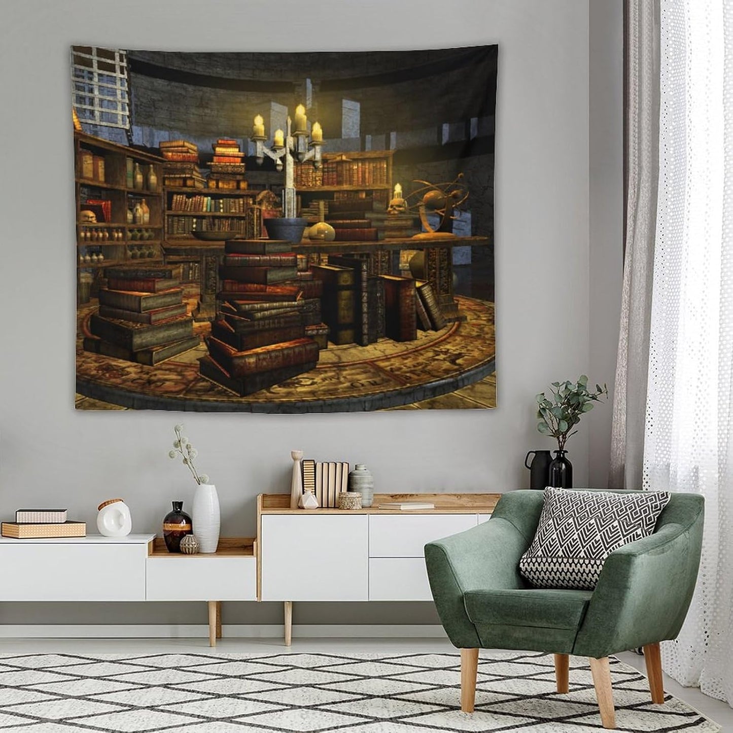 Kurtect Library Tapestry,Vintage Medieval Bookshelf Wooden Bookcase Antique Magic Art Tapestries for Party Beach Picnic Blankets Tablecloths Living Room Wall Deocr, 50x60 in