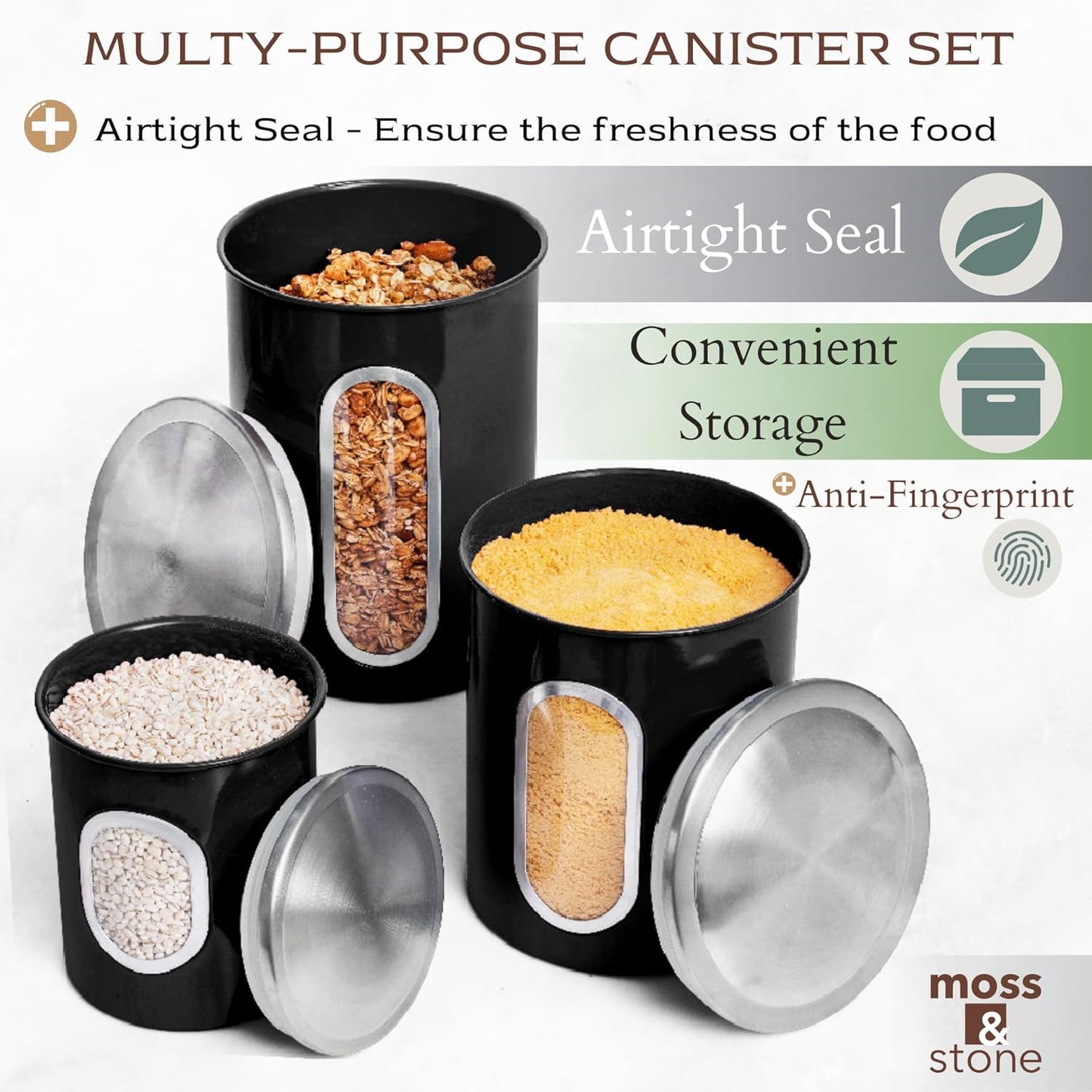 Moss & Stone 3-Piece Black Canisters Sets For The Kitchen, Airtight Canister Set With See Through Window, Storage Jars for Coffee Container, Tea Organizer & Sugar Canister, Black Kitchen Canisters