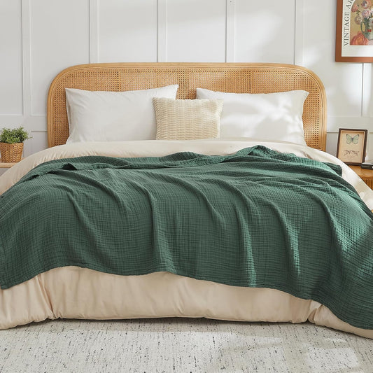 EMME Cotton Muslin King Blanket Bed Layering Breathable Gauze Blanket Soft Lightweight Blankets Adults (Forest Green, 108"x90")