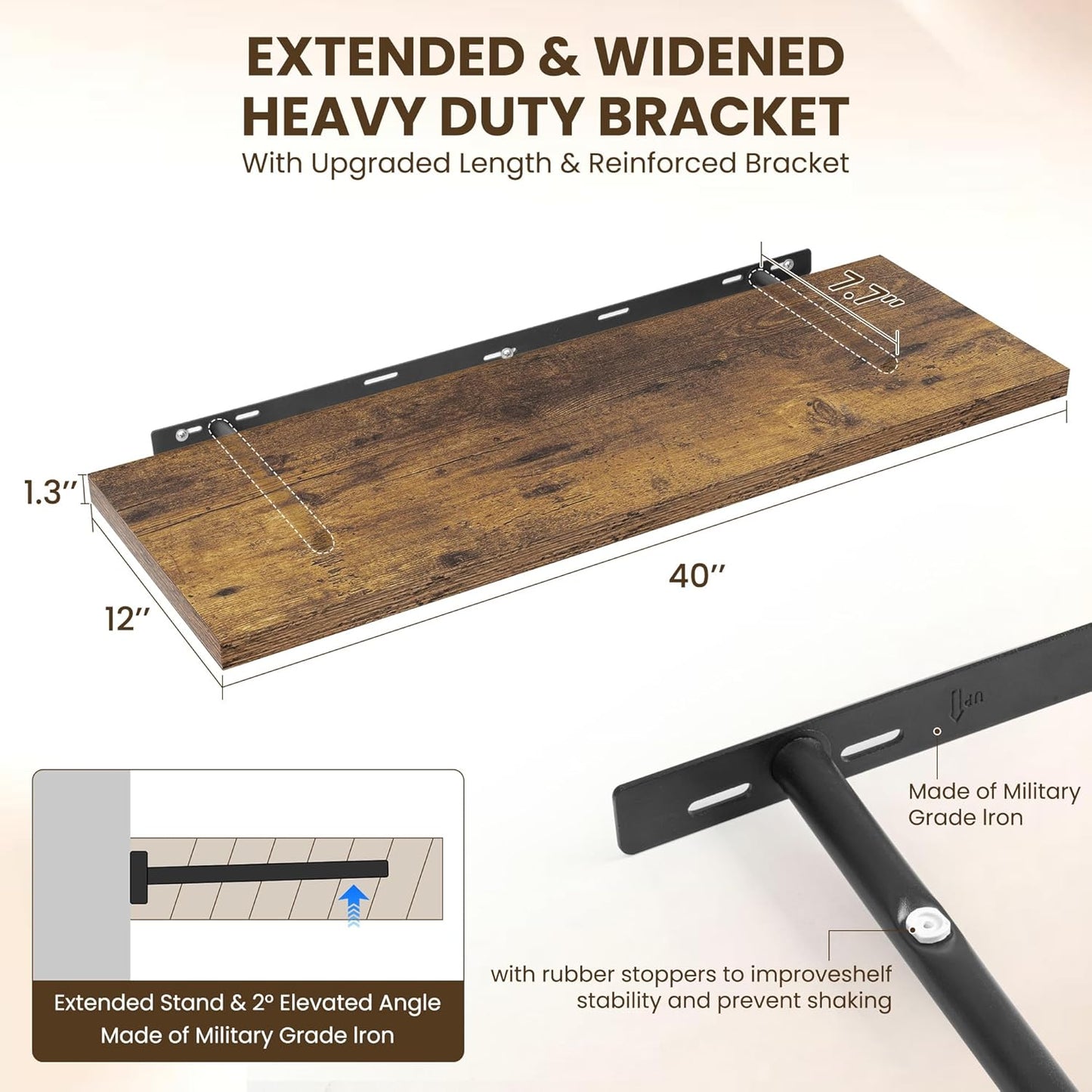 40" Floating Shelves for Wall, 12" Deep Slim Rustic Brown Floating Shelves, Wall-Mounted Shelves for Bedroom, Living Room, Kitchen, Bathroom - Set of 2