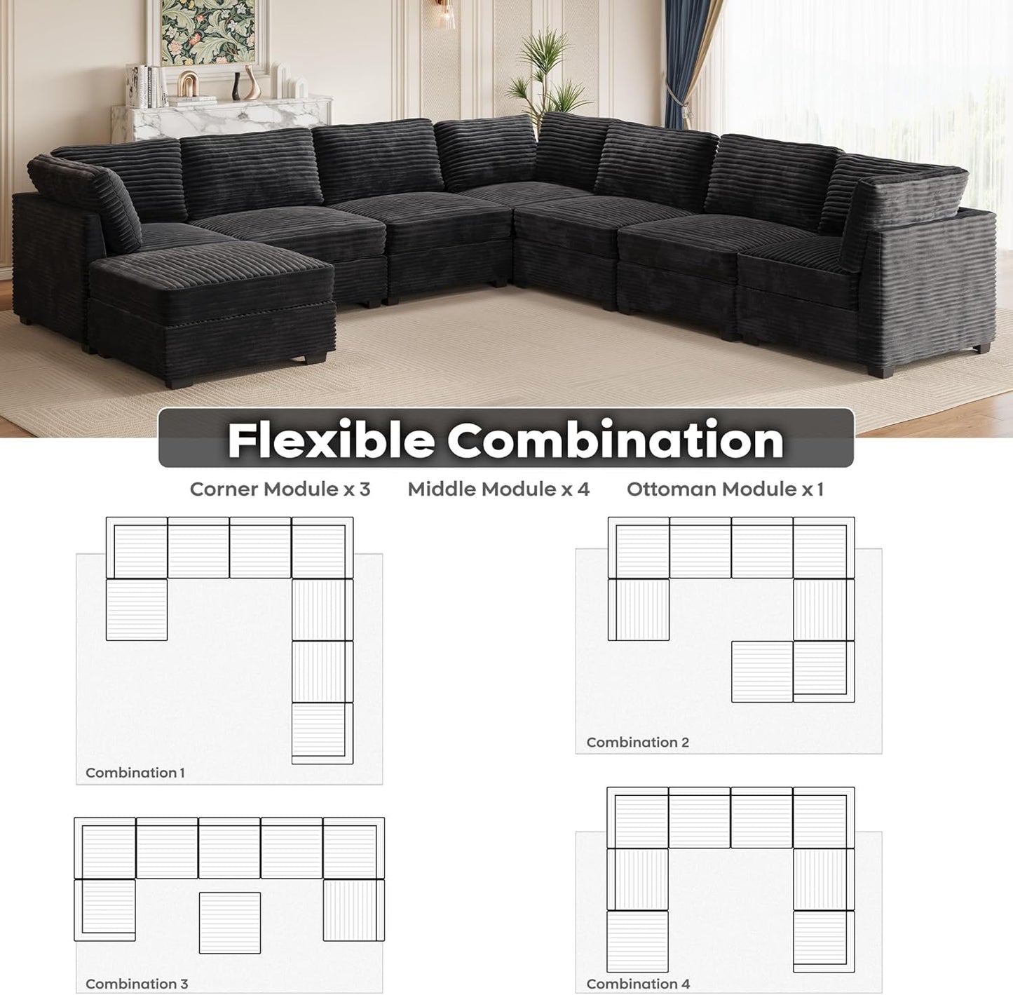 ovios Sectional Sofa Couch with L-Shape Chaise Ottoman, Comfy Modular Cloud Couches with Deep Seat, Modern Upholstered Plush Corduroy Sofas Set for Living Room, 8-Seater, Black